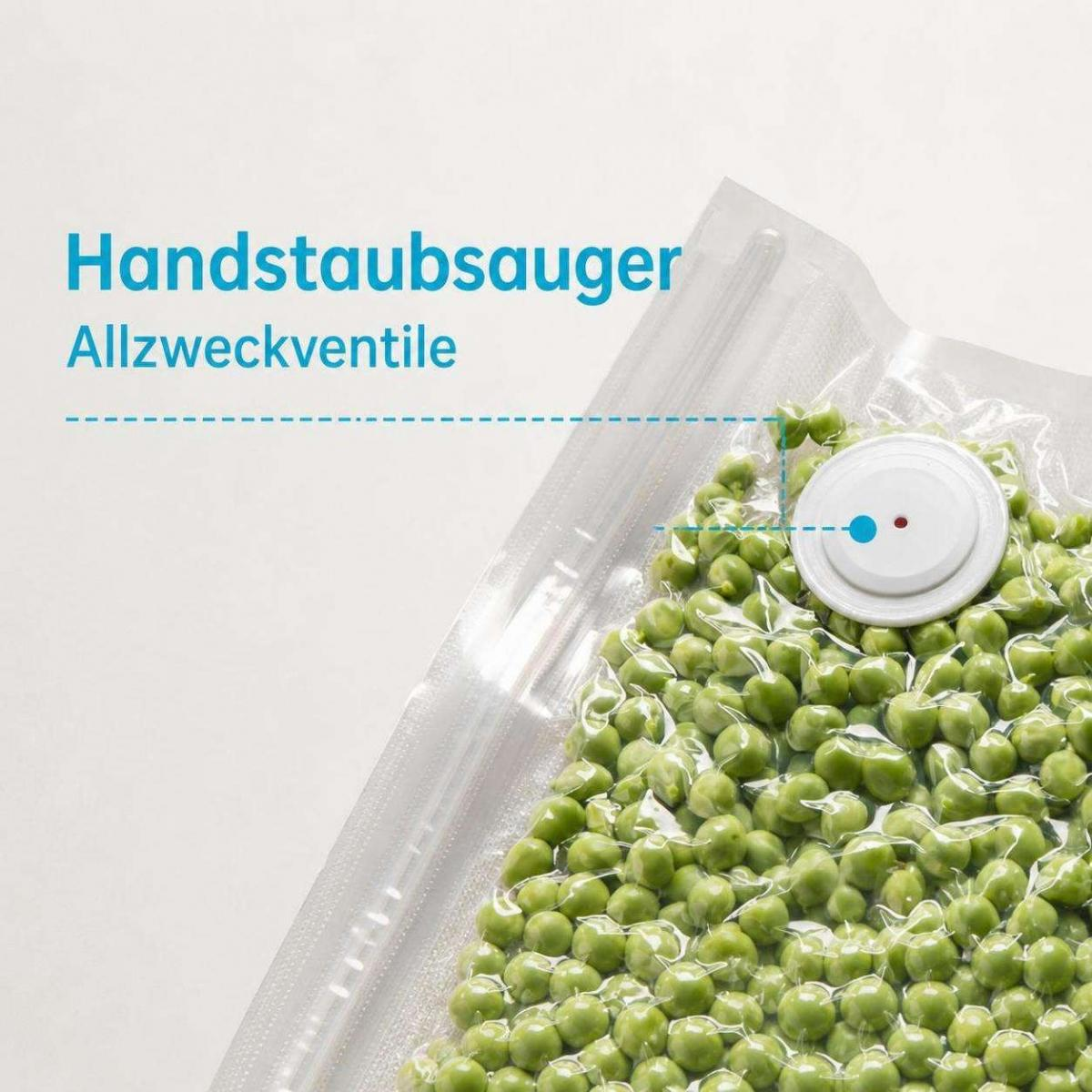 Vakuumbeutel mit grünen Erbsen und weißem Ventil, beschriftet mit Handstaubsauger und Allzweckventile.