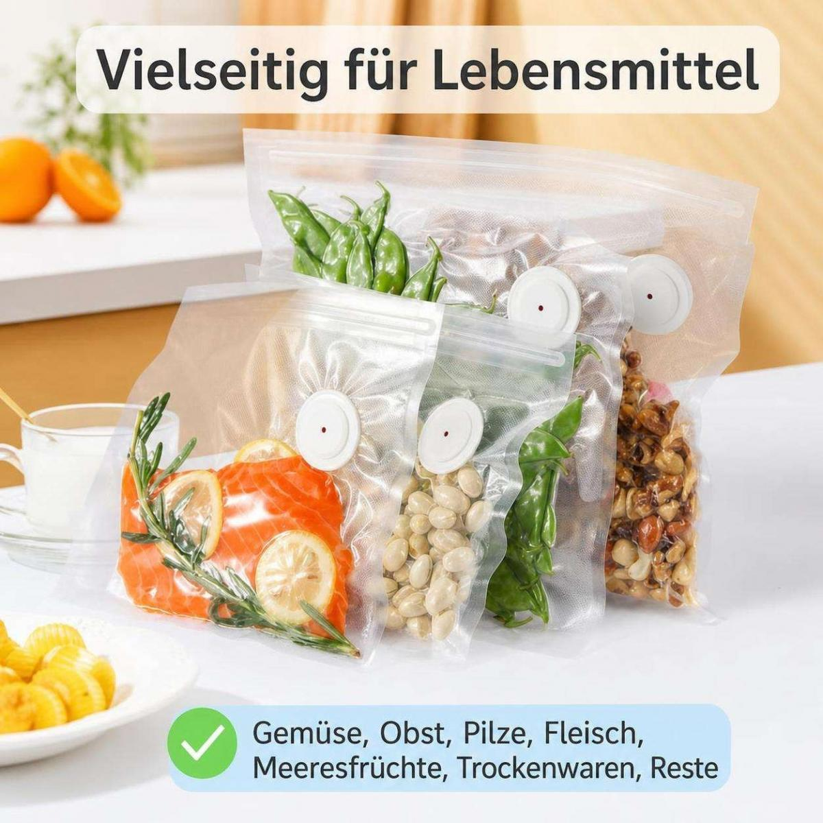 Vier Vakuumbeutel auf einem weißen Tisch enthalten Lachs, Bohnen, Paprika und Nüsse, mit deutschem Text.