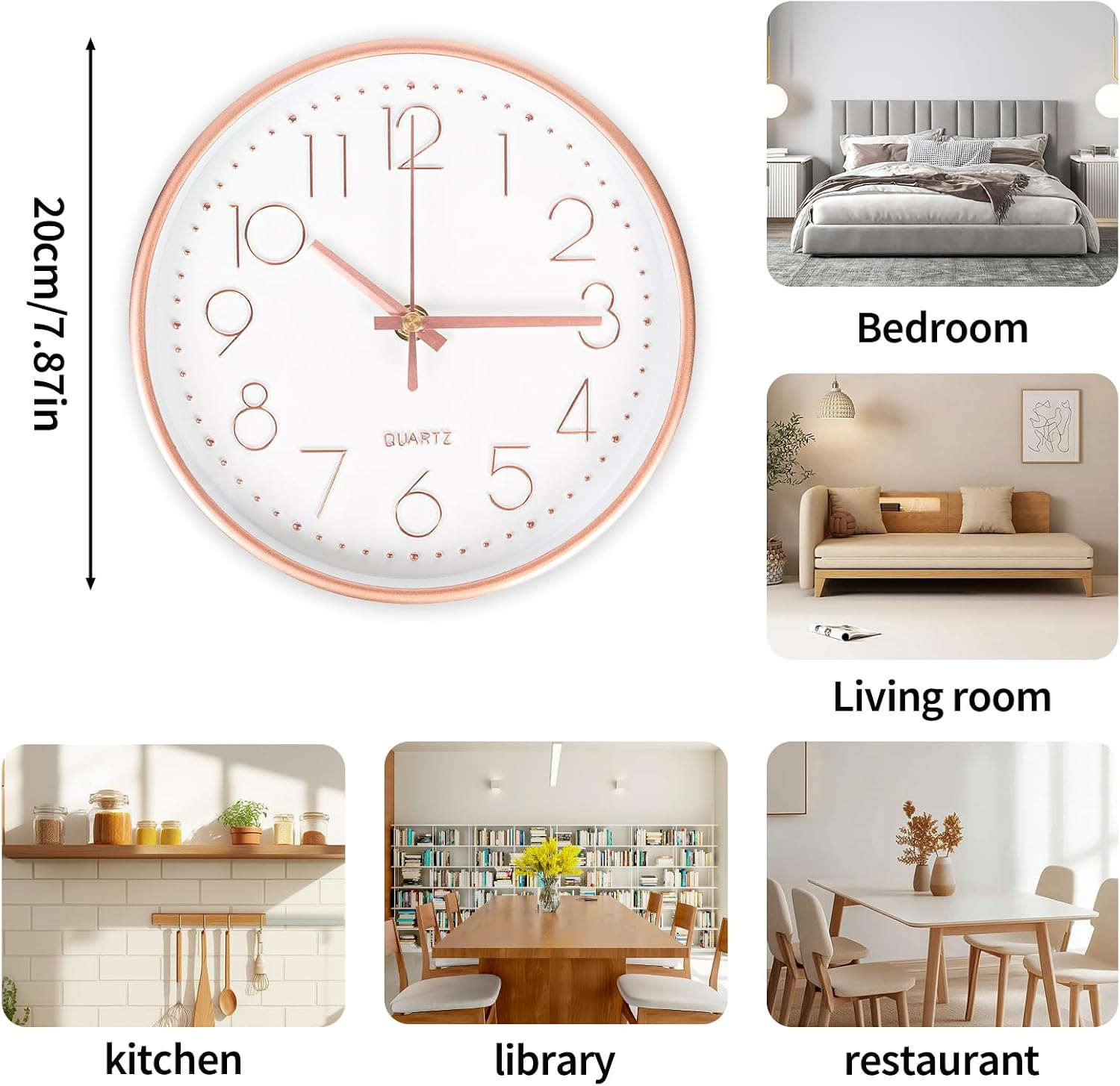 Eine roségoldene Wanduhr und Beispiele für die Platzierung in Schlafzimmer, Wohnzimmer, Küche, Bibliothek und Restaurant.