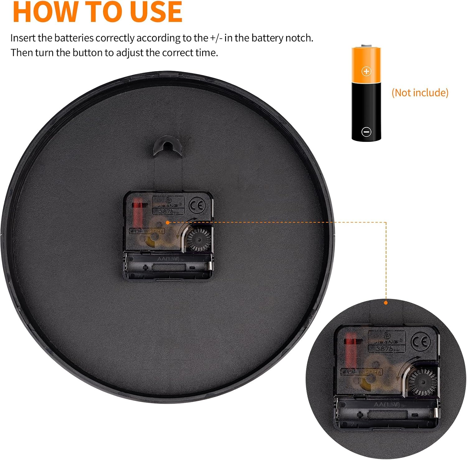 Anleitung zum Einlegen einer Batterie in ein Wanduhrwerk.