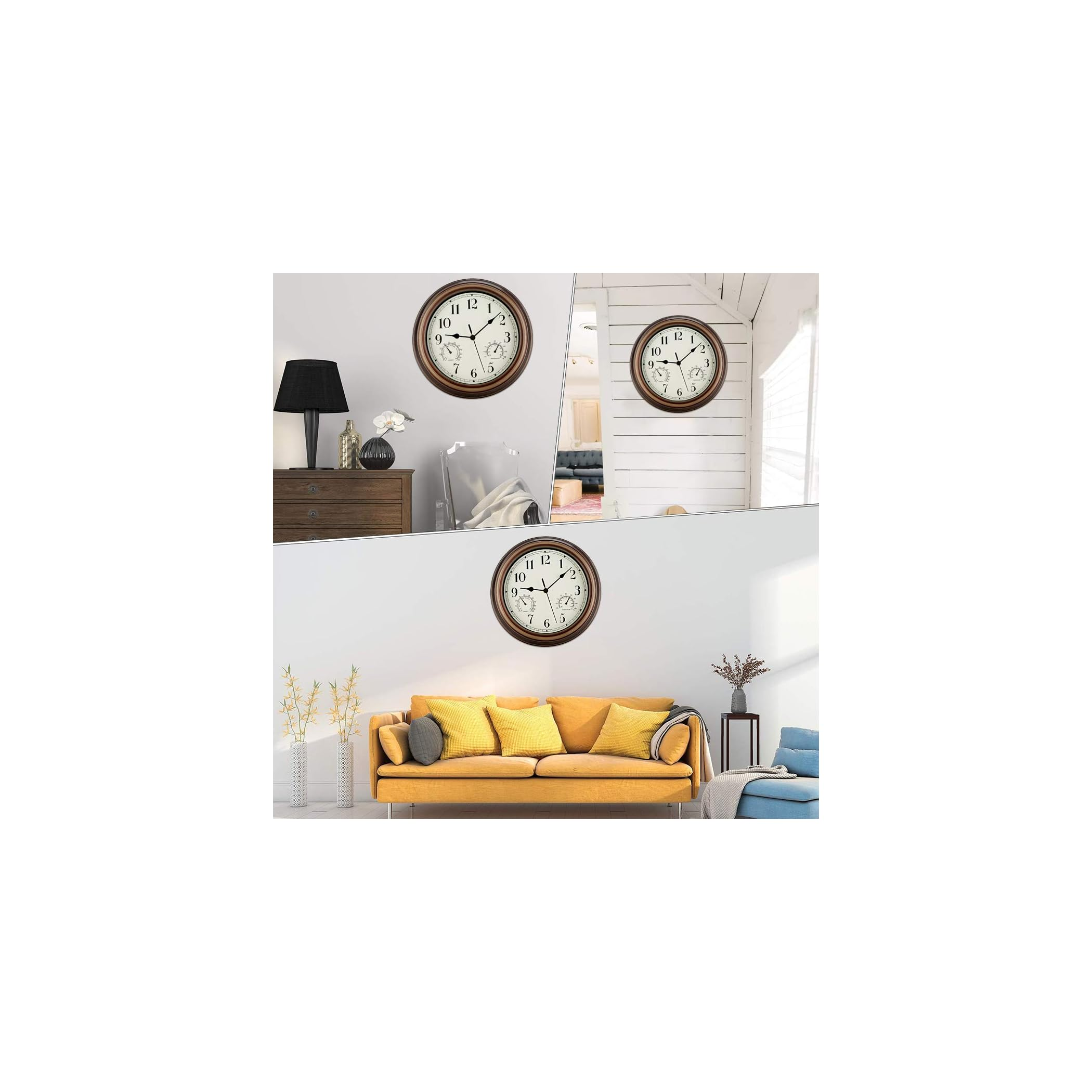 Eine Collage mit einer runden Holz-Wanduhr in verschiedenen Wohnräumen mit Möbeln.