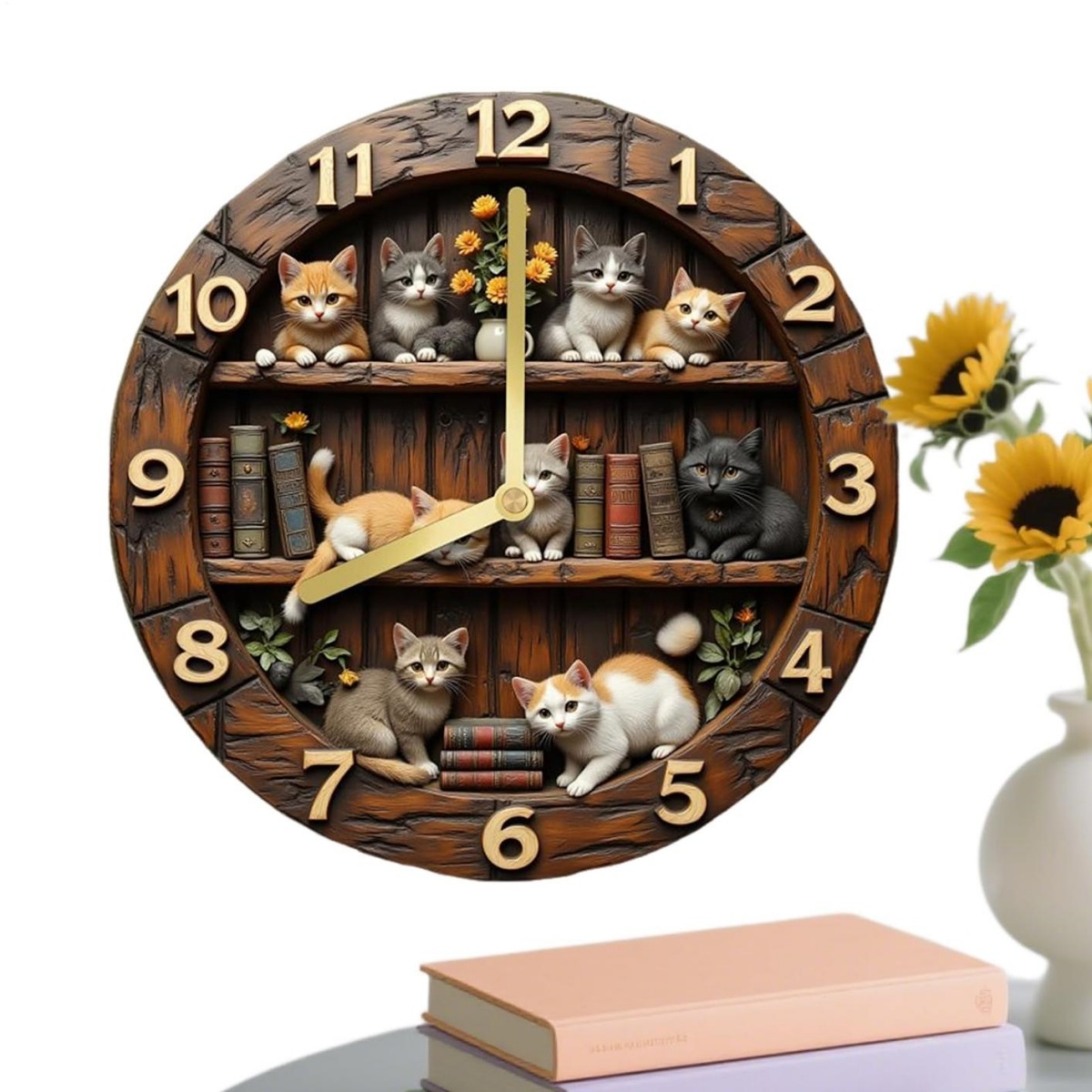 Eine hölzerne Wanduhr im Regaldesign mit kleinen Katzen, Büchern und goldenen Ziffern.