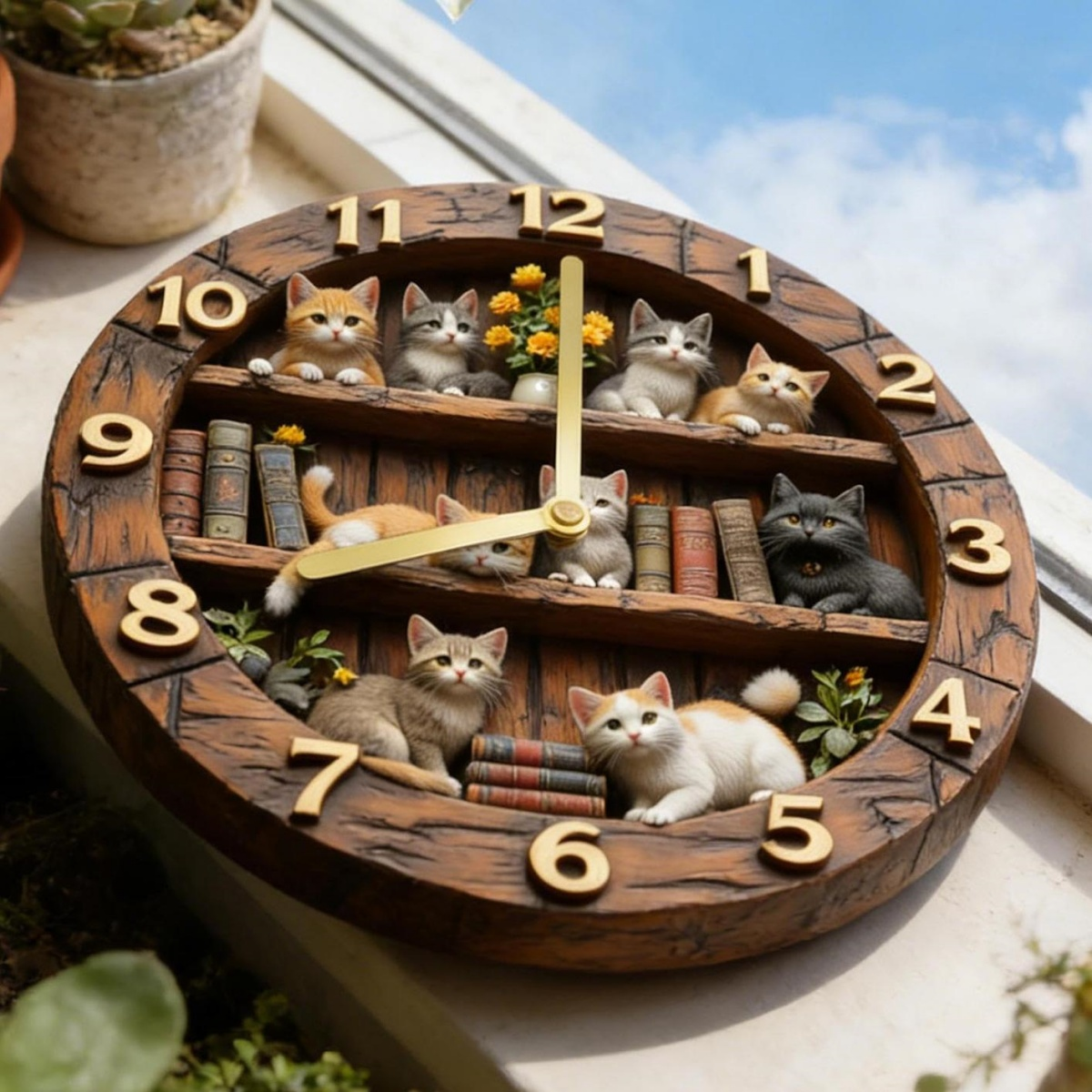 Ein hölzernes Zifferblatt mit Regalen, auf denen Katzenminiaturen, Bücher und kleine Pflanzen stehen.