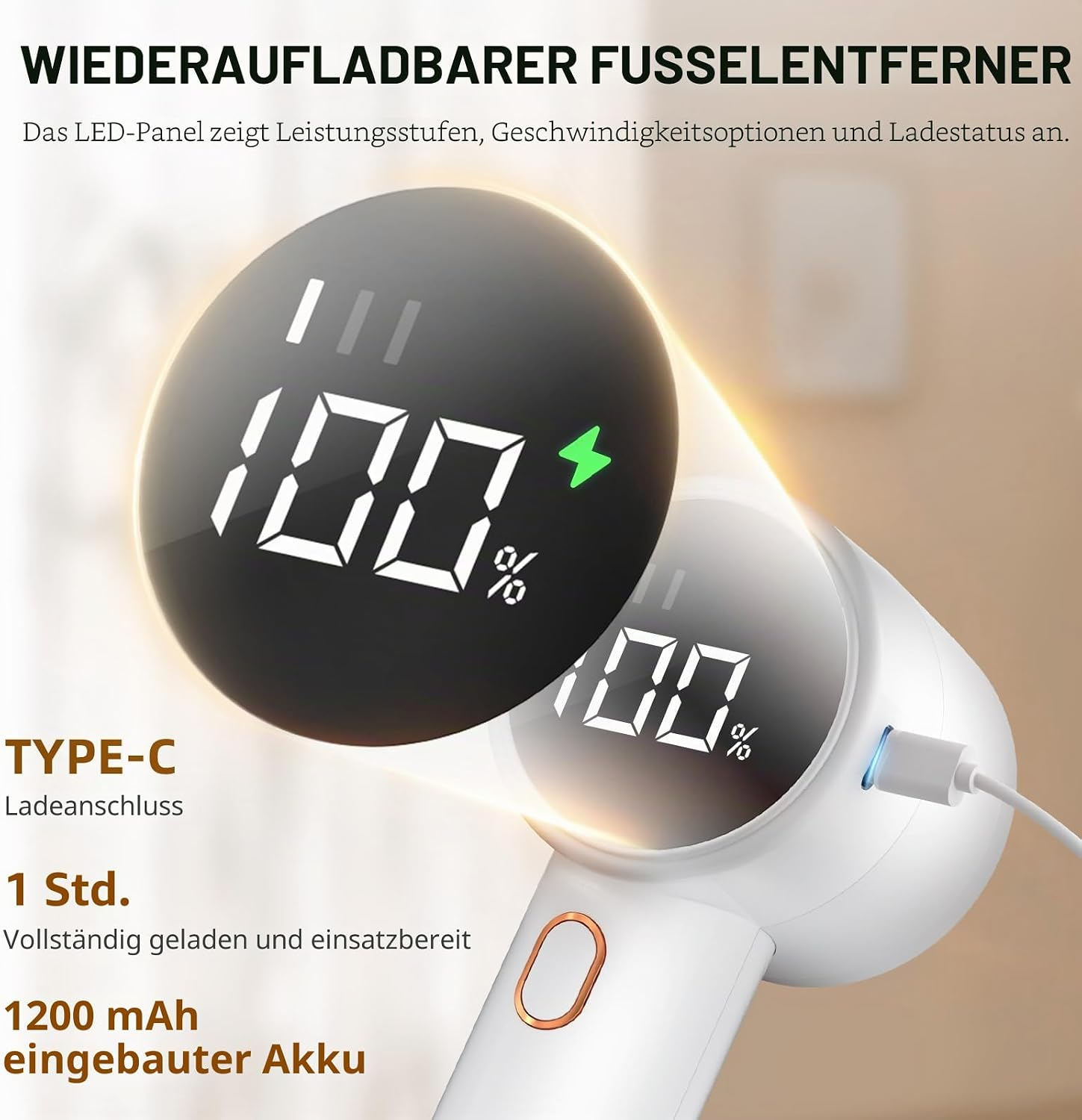Wiederaufladbarer Fusselentferner mit LED-Display, Typ-C-Anschluss und 1200 mAh Akku.