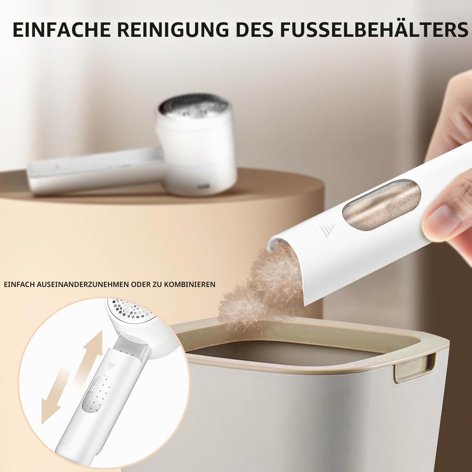 Eine Hand entleert die Fusseln eines Fusselrasierers in einen Eimer.
