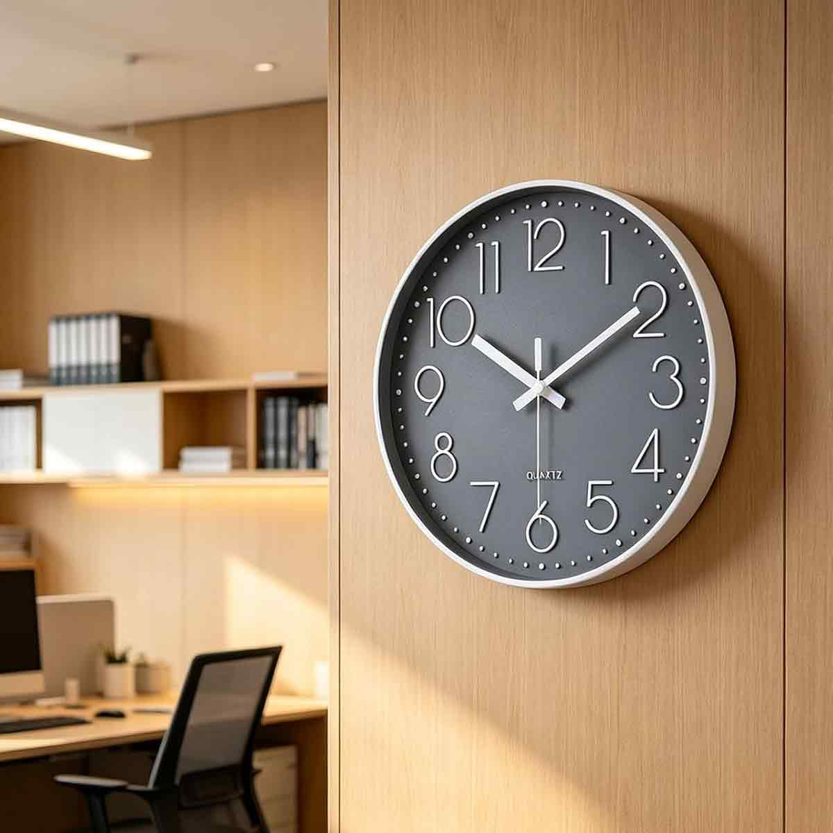Eine graue Wanduhr mit weißem Rahmen und Ziffern hängt an einer Holzpaneelwand in einem hellen Büro.