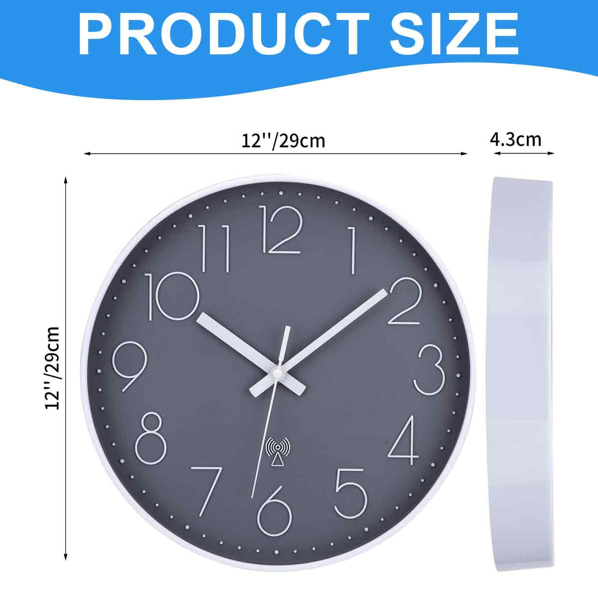 Produktgröße: Eine graue Wanduhr mit weißem Rand, einem Durchmesser von 29 cm und einer Tiefe von 4,3 cm.