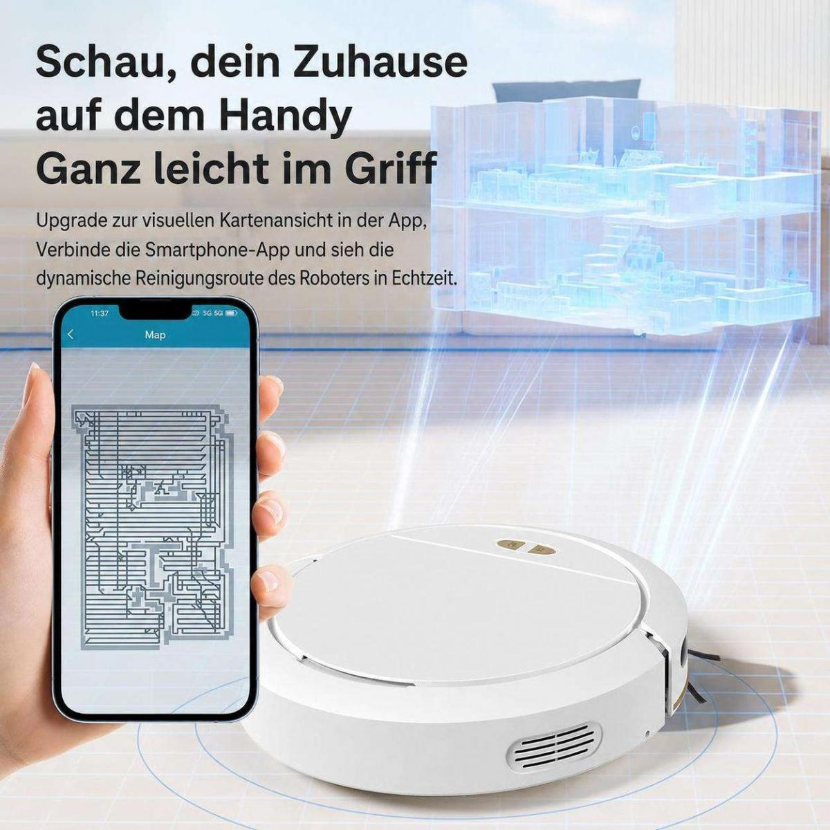 Hand hält Smartphone mit App-Karte, daneben ein weißer Saugroboter und Text über Smarthome-Steuerung.