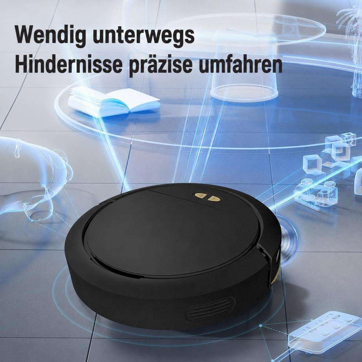 Ein schwarzer Saugroboter auf einem Fliesenboden mit blauen Scan-Linien und German Text.