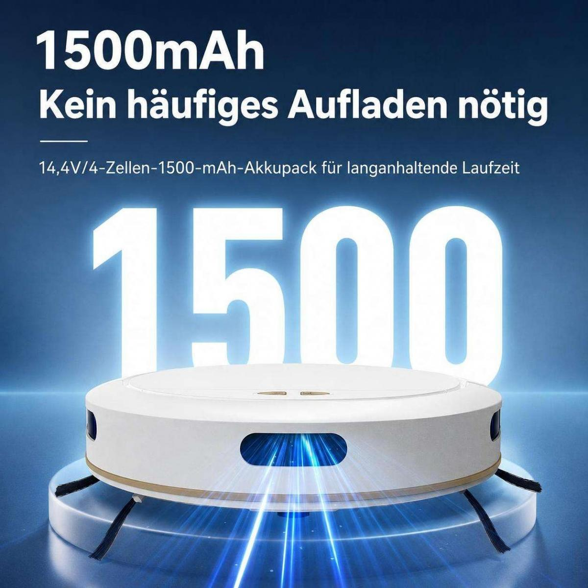 Ein weißer Saugroboter mit großem 1500-Text und deutschem Werbetext darüber auf blauem Hintergrund.