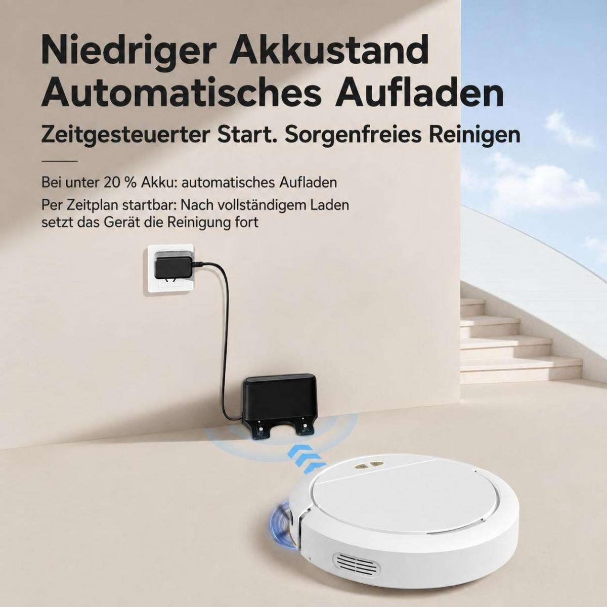 Ein weißer Saugroboter nähert sich seiner schwarzen Ladestation an einer beigen Wand mit deutschem Text.