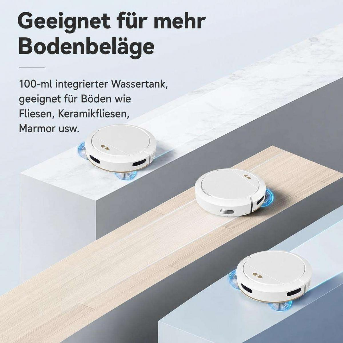 Drei weiße Saugroboter auf verschiedenen Böden mit deutschem Text.