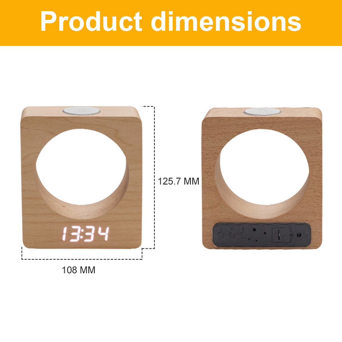 Zwei Ansichten einer Holzuhr mit Maßen: 108 mm breit und 125,7 mm hoch, mit digitaler Anzeige.