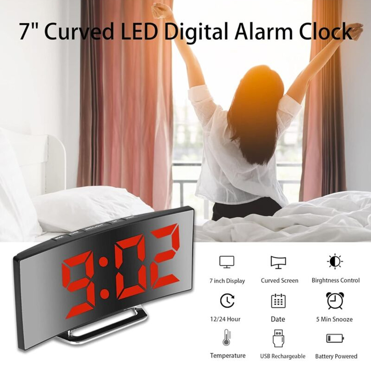 Ein geschwungener digitaler Wecker zeigt rot die Zeit 9:02 vor einem hellen Schlafzimmer.