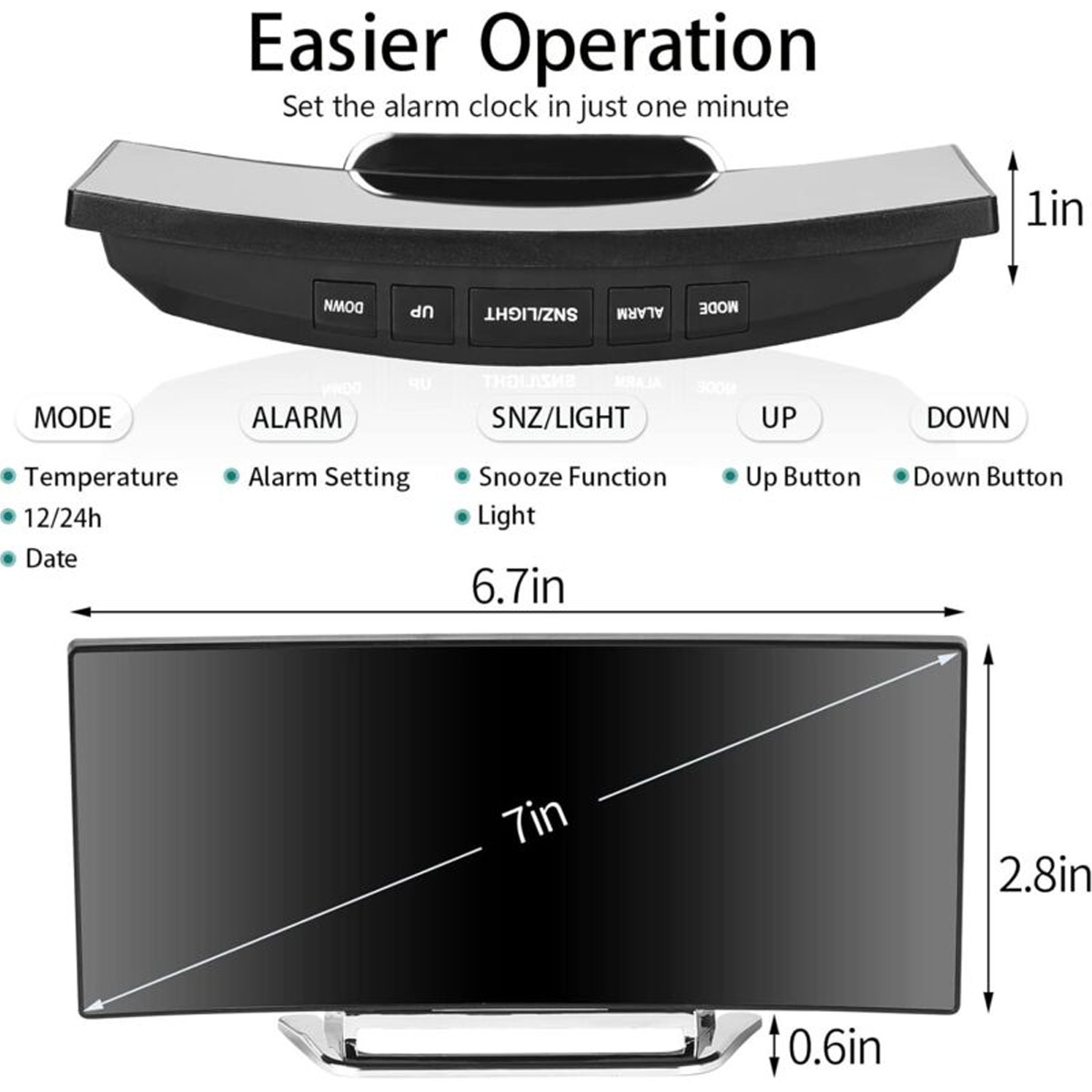 Diagramm zeigt Abmessungen und Tastenfunktionen einer gebogenen digitalen Weckuhr.