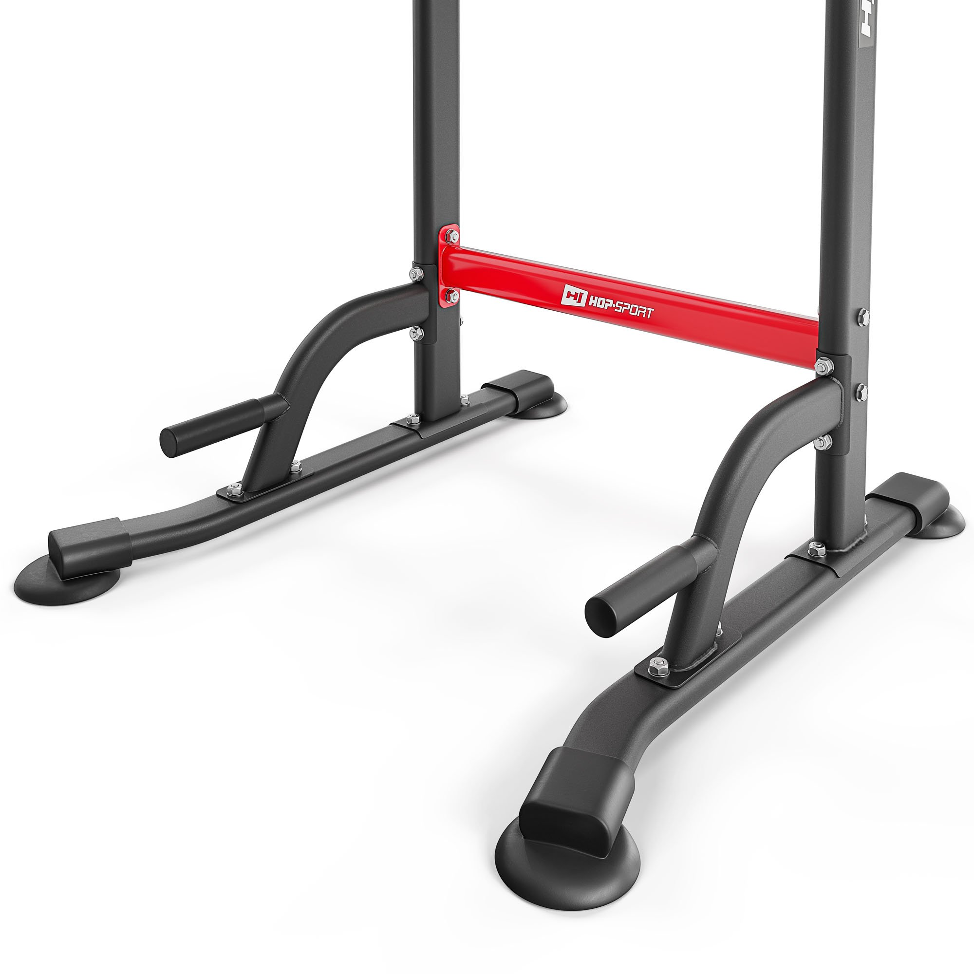 Schwarze Metall-Power-Rack-Basis mit roter Verbindungsstange und Gummifüßen auf weißem Hintergrund.