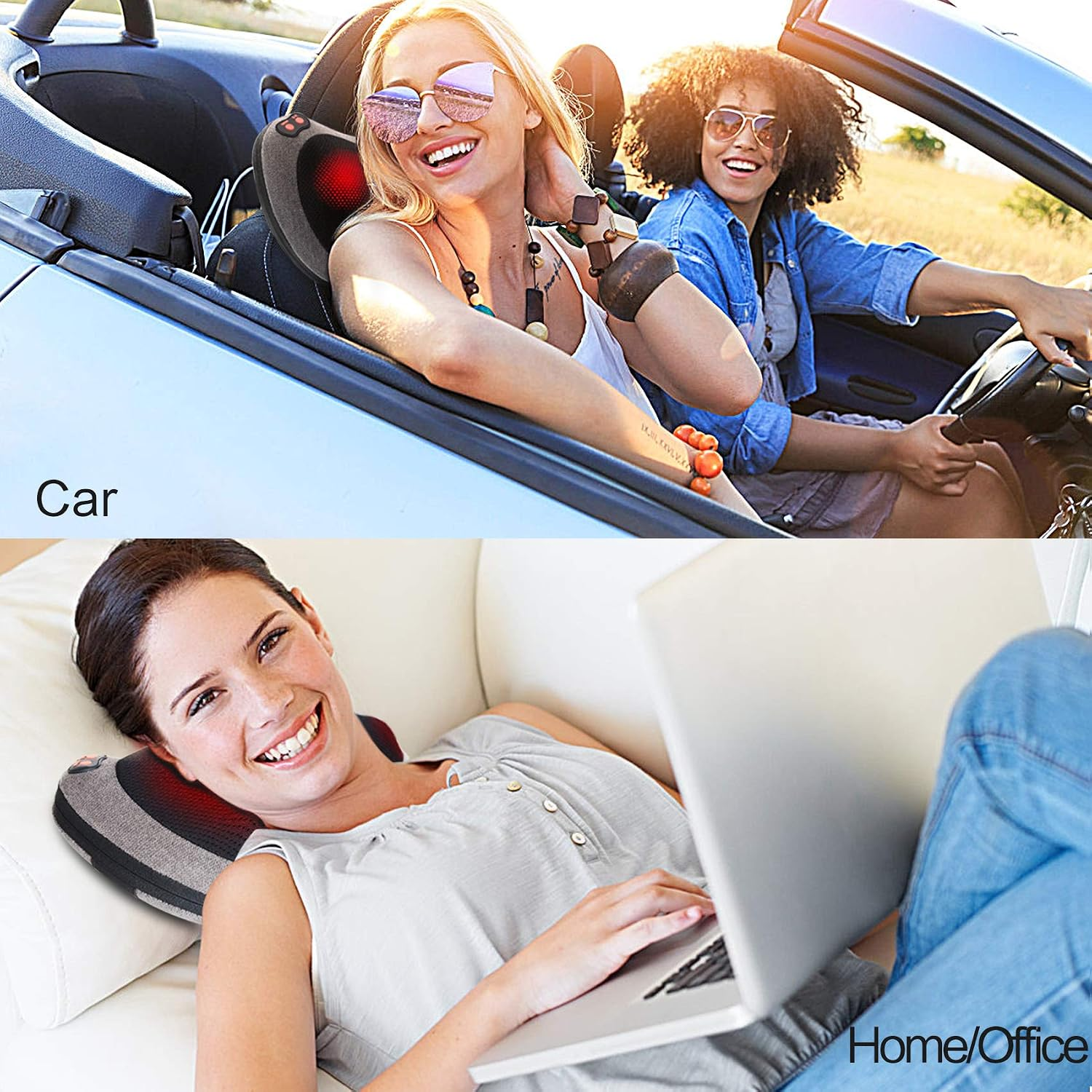 Zwei Frauen nutzen Nackenmassagegeräte in einem Cabrio und entspannen mit Laptop.