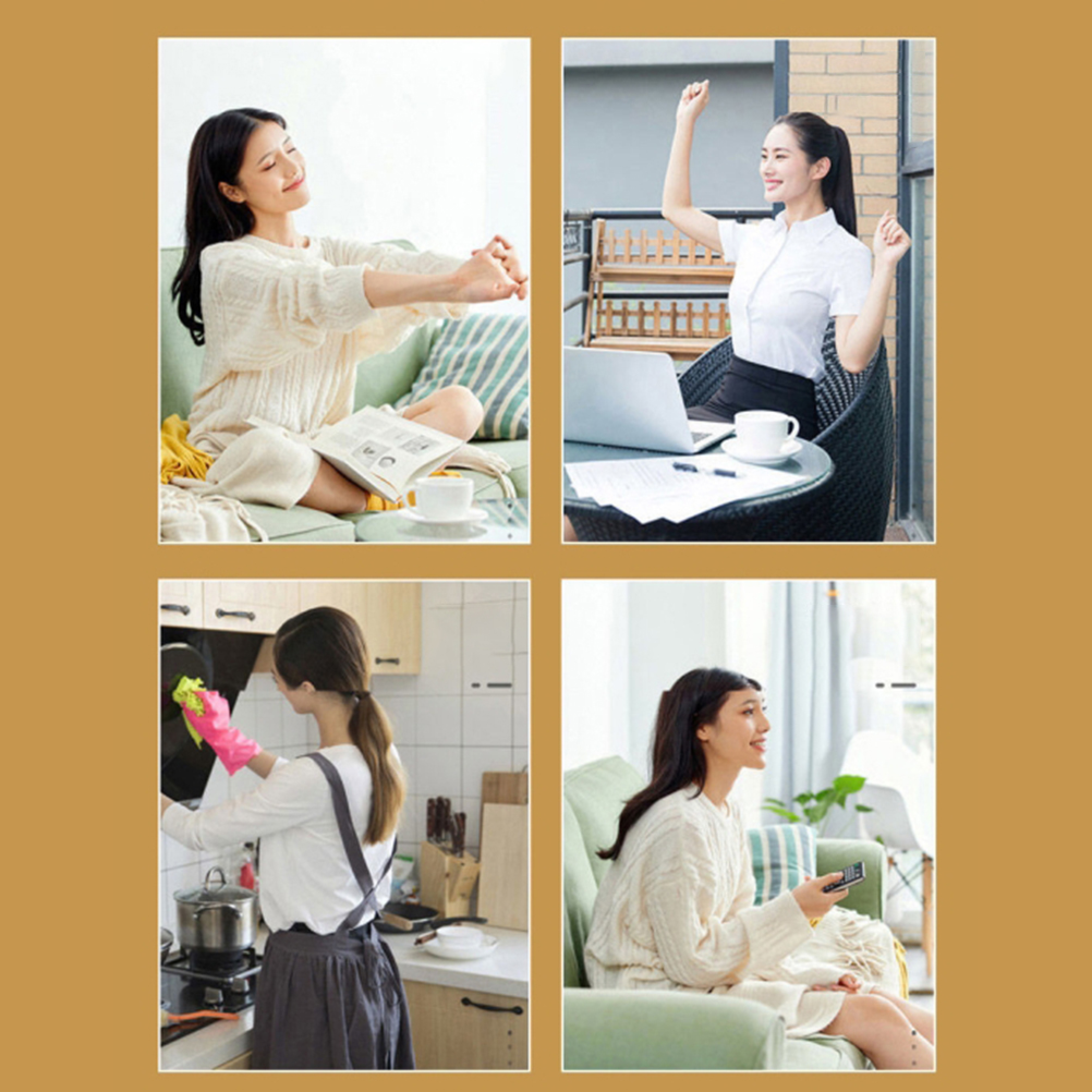 Eine Frau macht verschiedene Aktivitäten wie Entspannen, Arbeiten, Putzen und Fernsehen in einer viigeteilten Collage.
