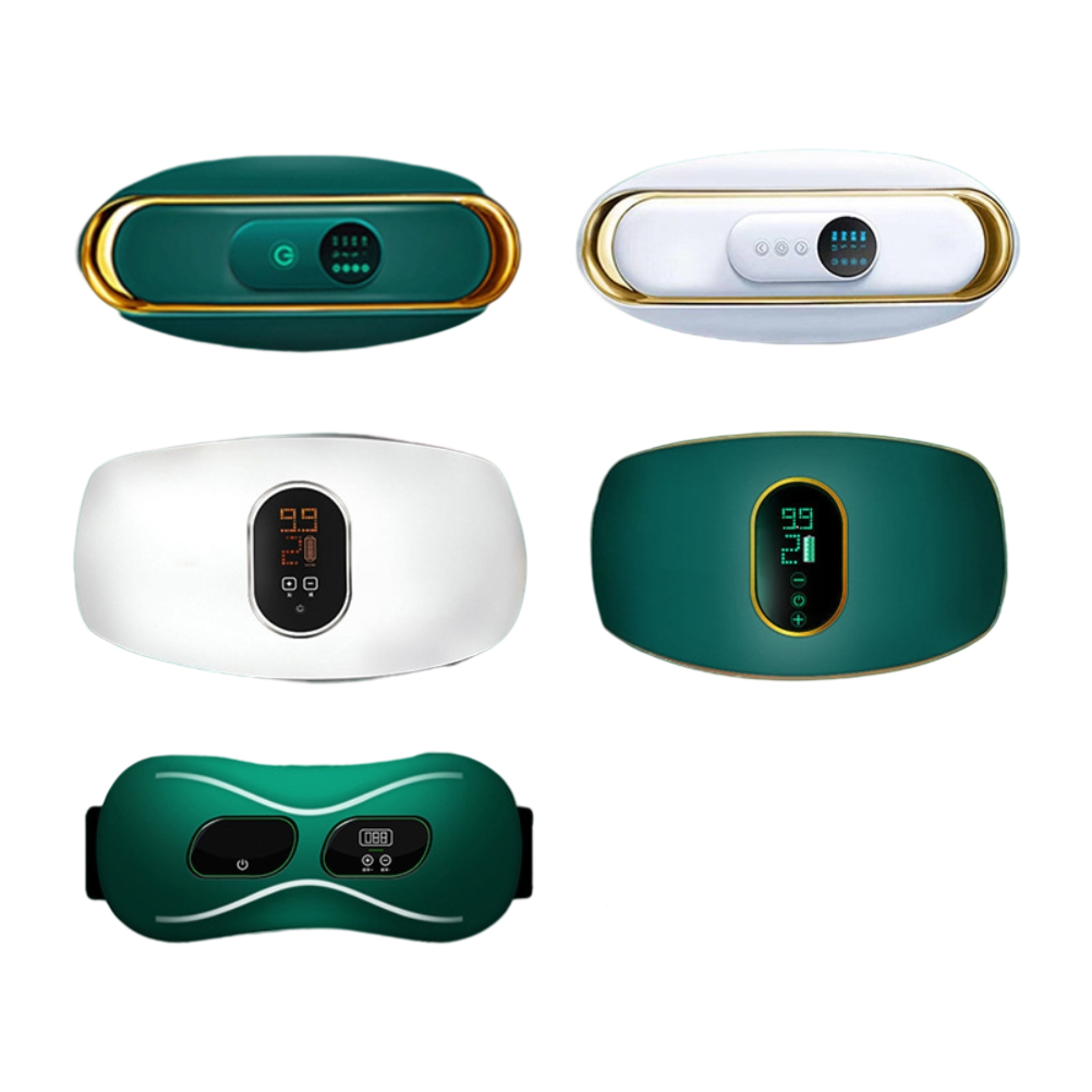 Fünf ovale Wellnessgeräte mit Digitaldisplays, in Grün und Weiß mit Goldakzenten auf weißem Hintergrund.