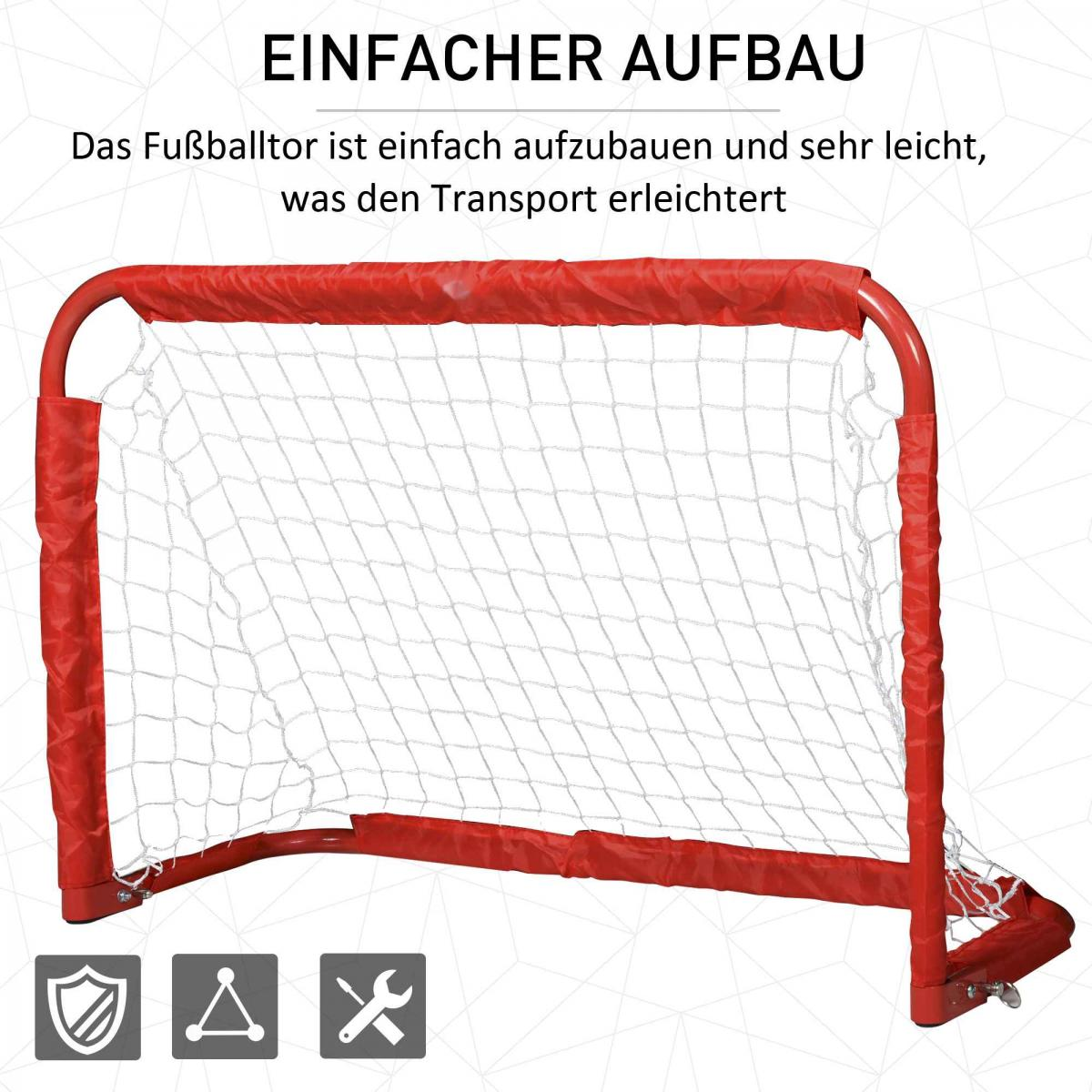 Ein einfaches rotes Fußballtor mit weißem Netz auf weißem Hintergrund mit Text und Symbolen.