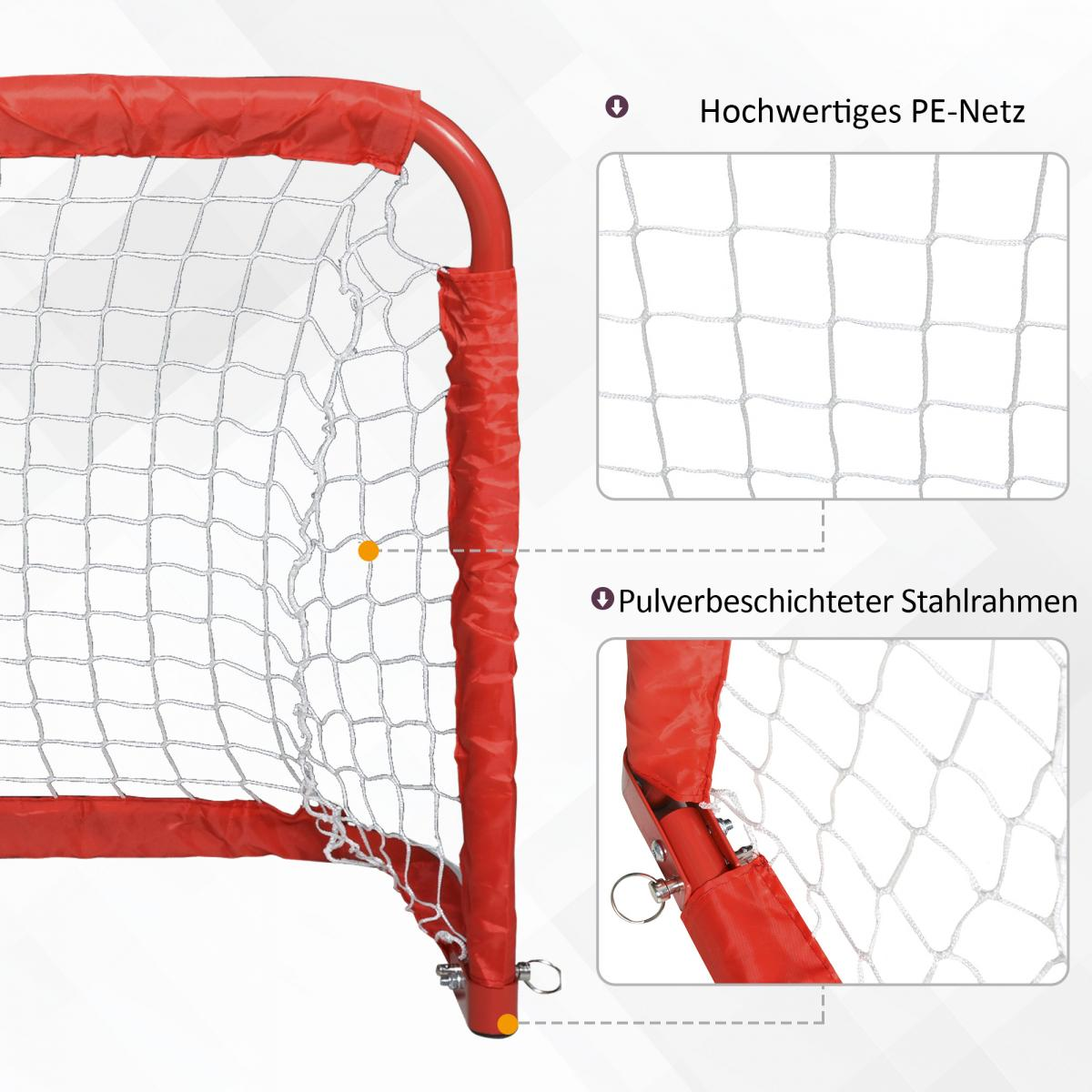 Nahaufnahme eines roten Sportnetzrahmens mit Insets für PE-Netz und Stahlrahmen.