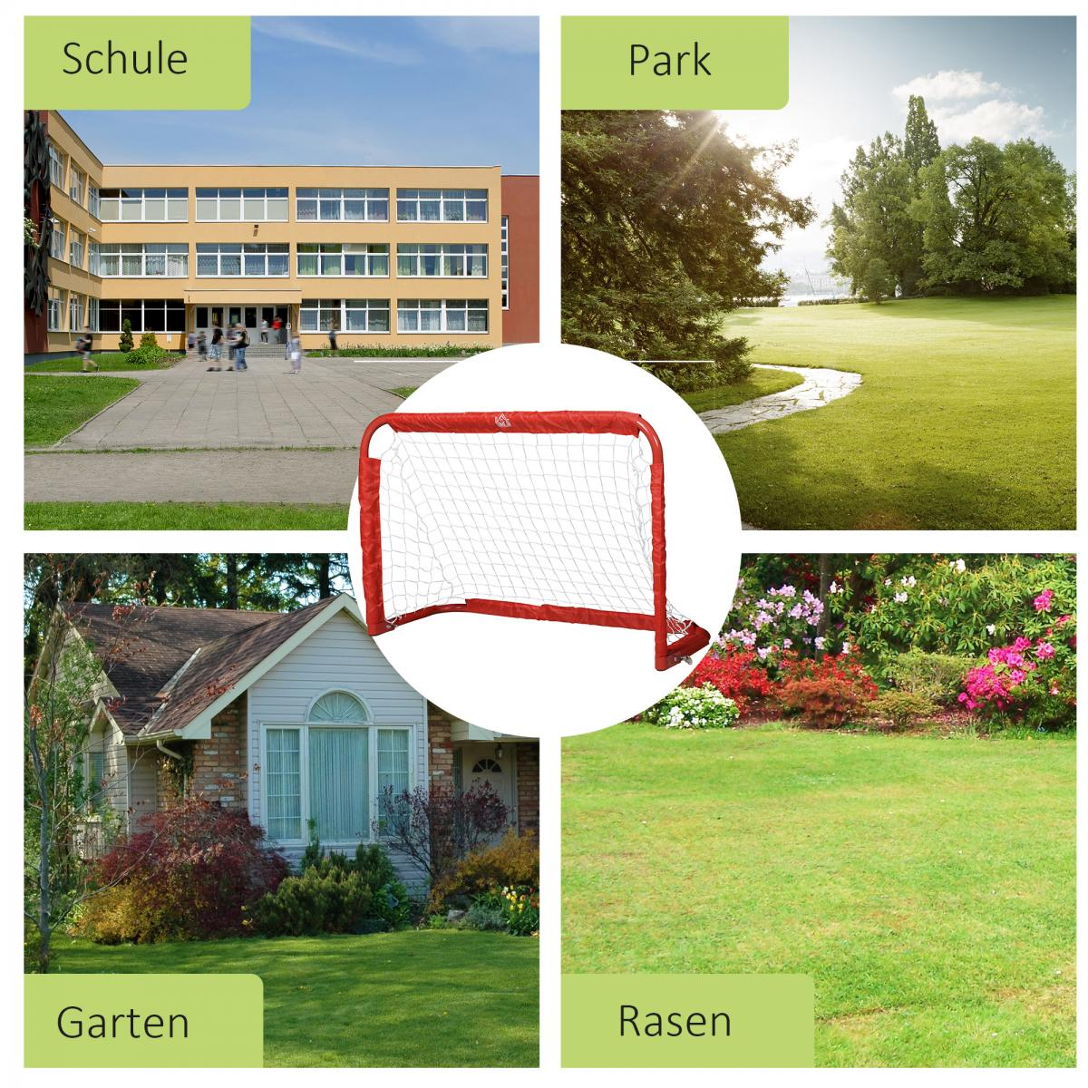 Ein rotes Fußballtor im Zentrum, umgeben von Bildern einer Schule, eines Parks, eines Gartens und Rasen.