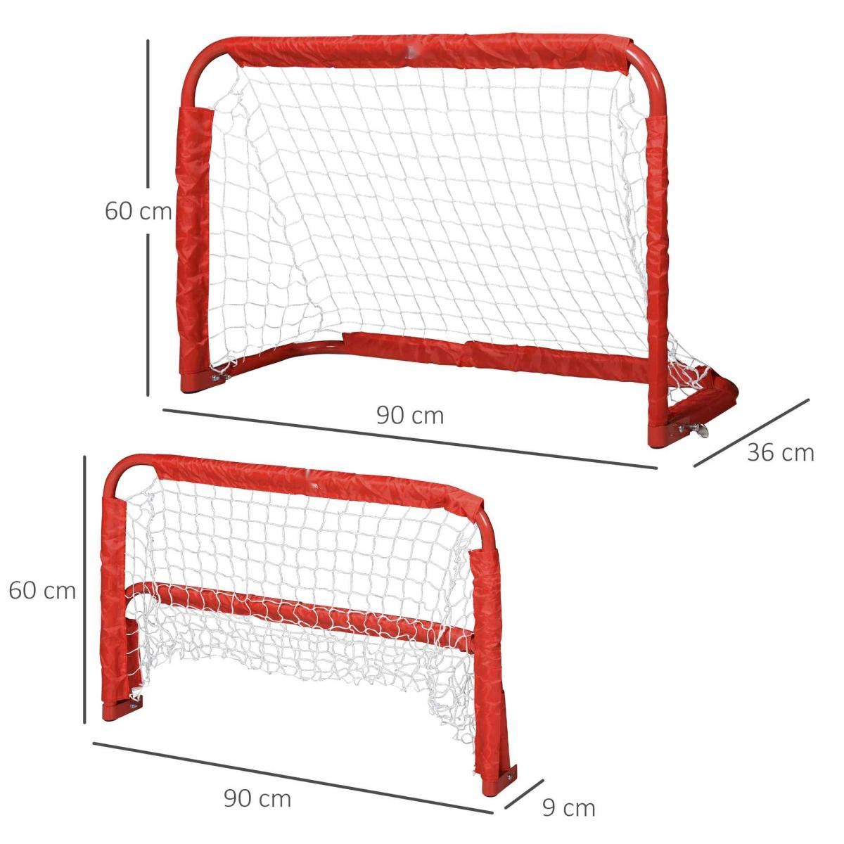 Zwei rote Fußballtore mit Netzen und Maßangaben in Zentimetern für Höhe, Breite und Tiefe.