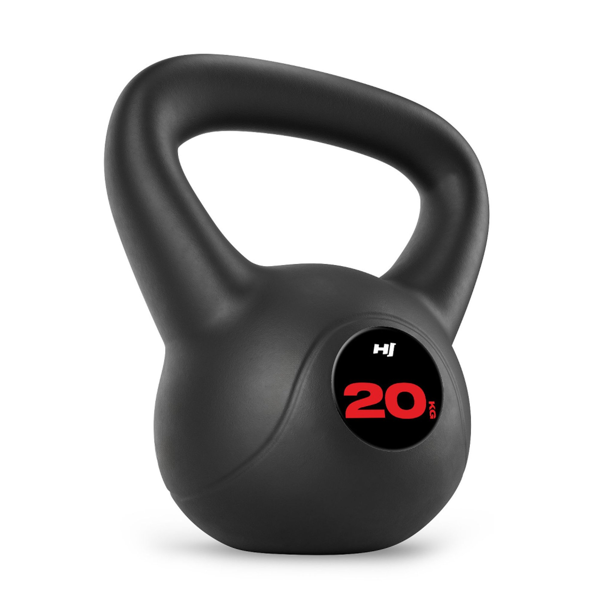 Eine schwarze 20-kg-Kugelhantel mit einem roten Logo auf weißem Hintergrund.