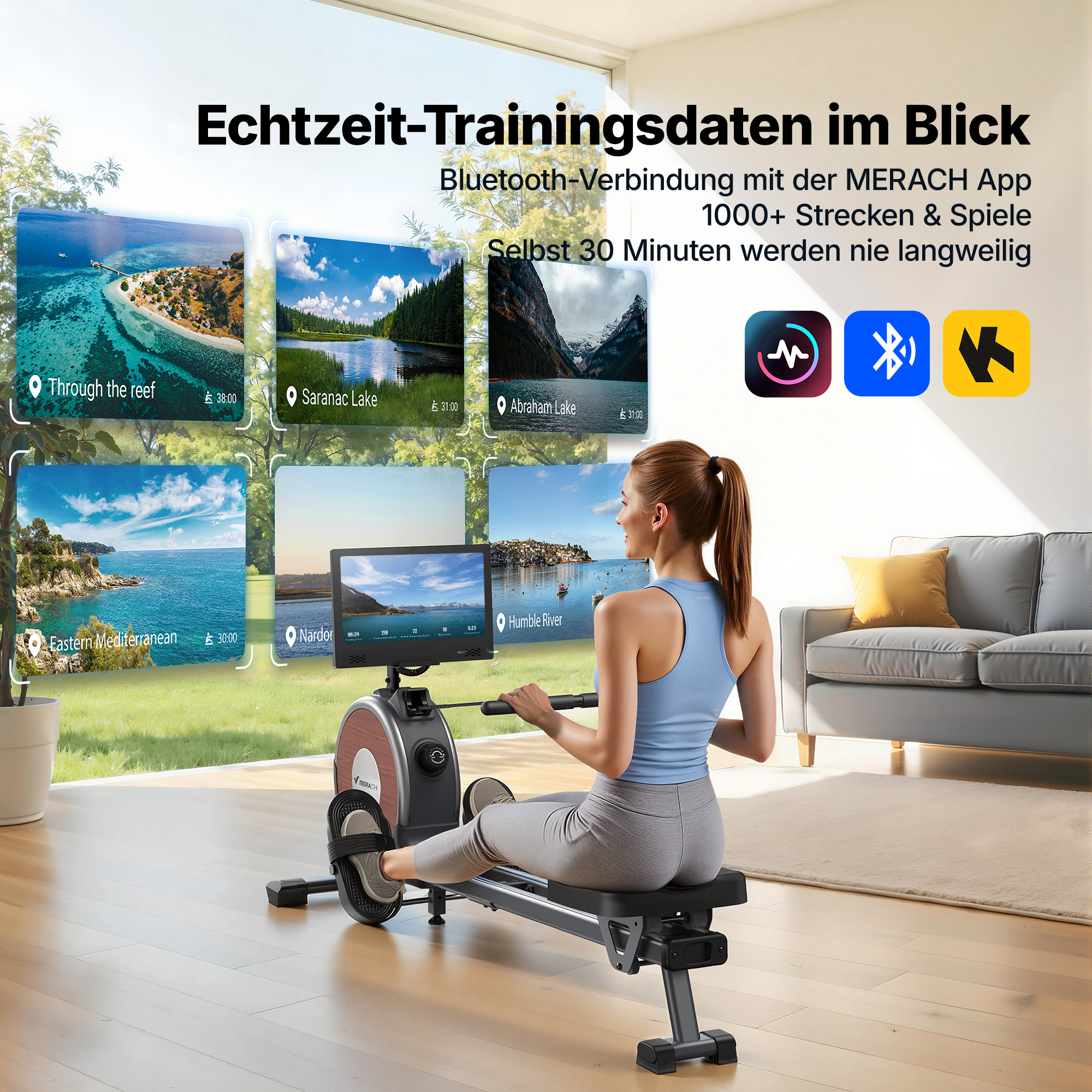 Eine Frau trainiert im Wohnzimmer auf einem Rudergerät vor Bildschirmen mit Naturansichten.