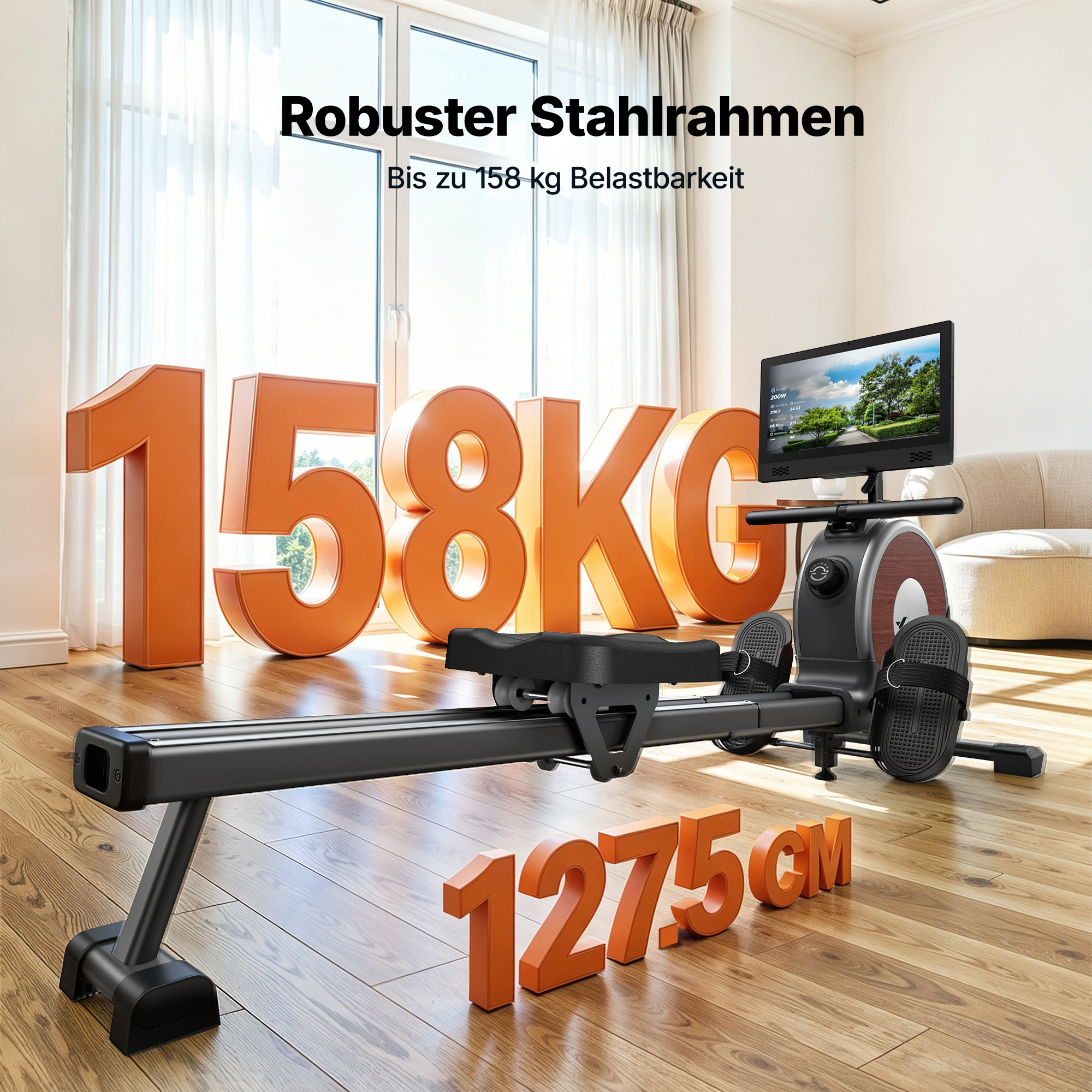 Ein schwarzes Rudergerät mit Monitor steht auf einem Holzfußboden, im Hintergrund große 158KG Ziffern.