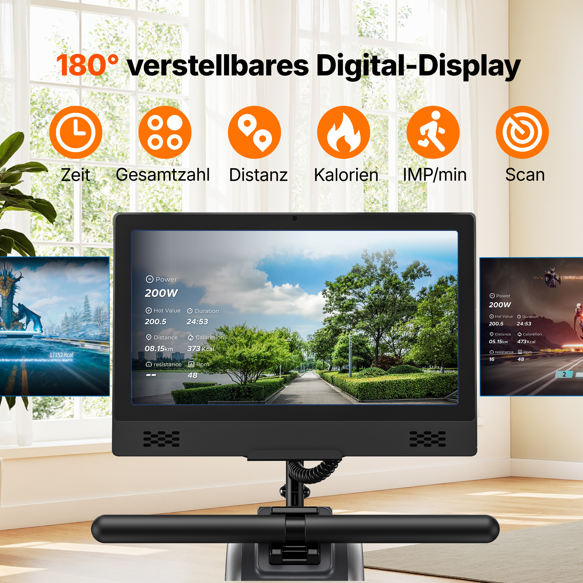 Digitales Display mit Icons fuer Zeit, Gesamtzahl, Distanz, Kalorien, IMP/min und Scan ueber einer virtuellen Strecke.