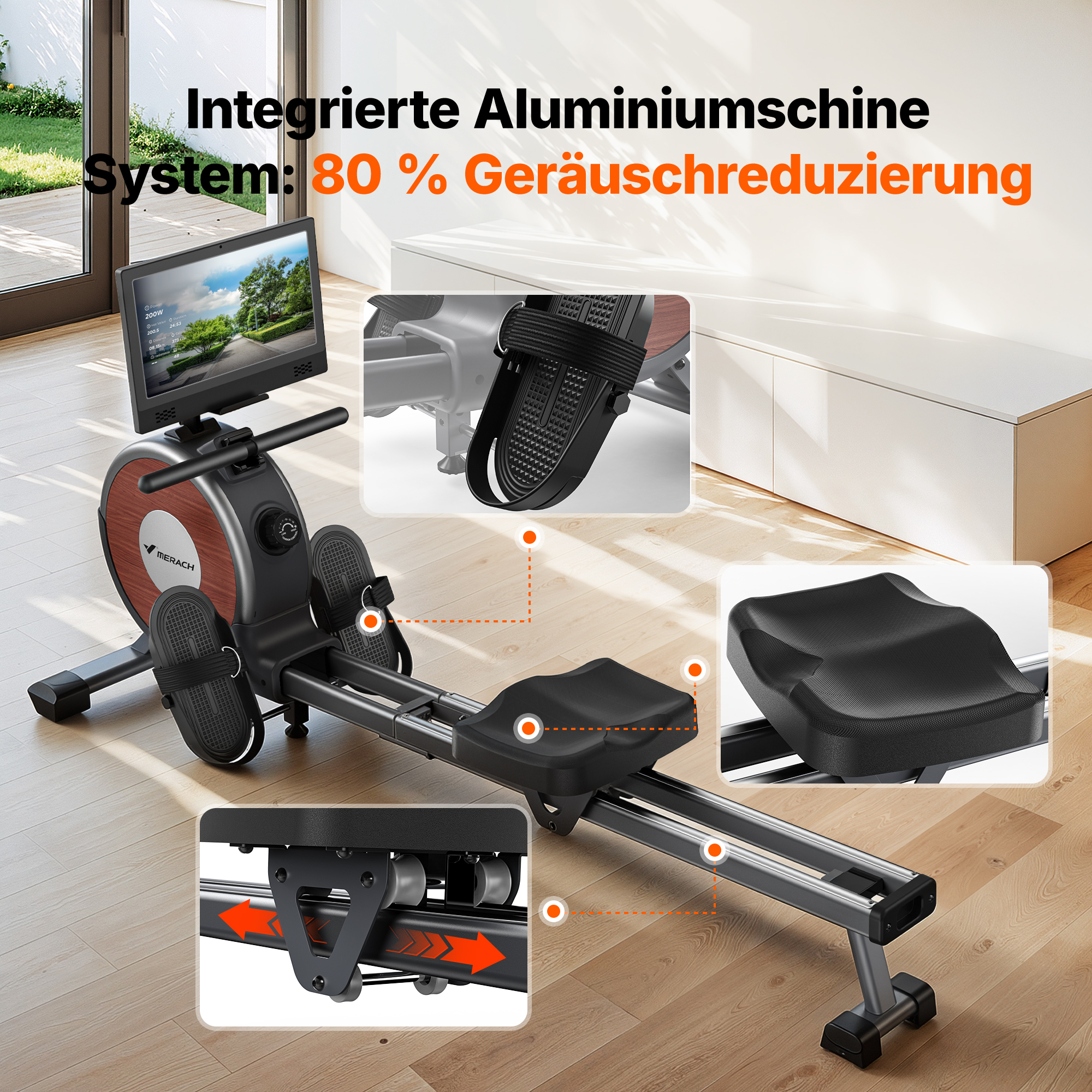 Ein hölzernes und schwarzes Rudergerät mit einem Bildschirm steht in einem Raum, mit Detailaufnahmen von Sitz und Fußstützen.