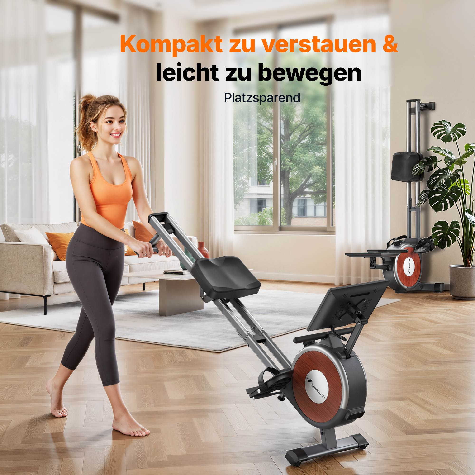 Eine Frau in Sportkleidung transportiert ein zusammengeklapptes Rudergerät in einem hellen Wohnzimmer.