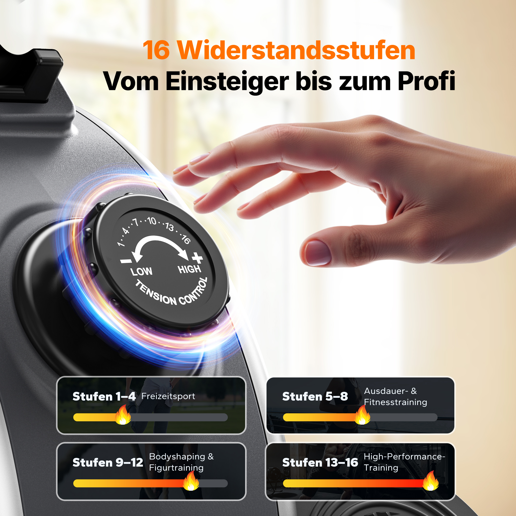 Eine Hand dreht einen schwarzen Widerstandsknopf mit den Stufen 1 bis 16, umgeben von leuchtendem Licht.