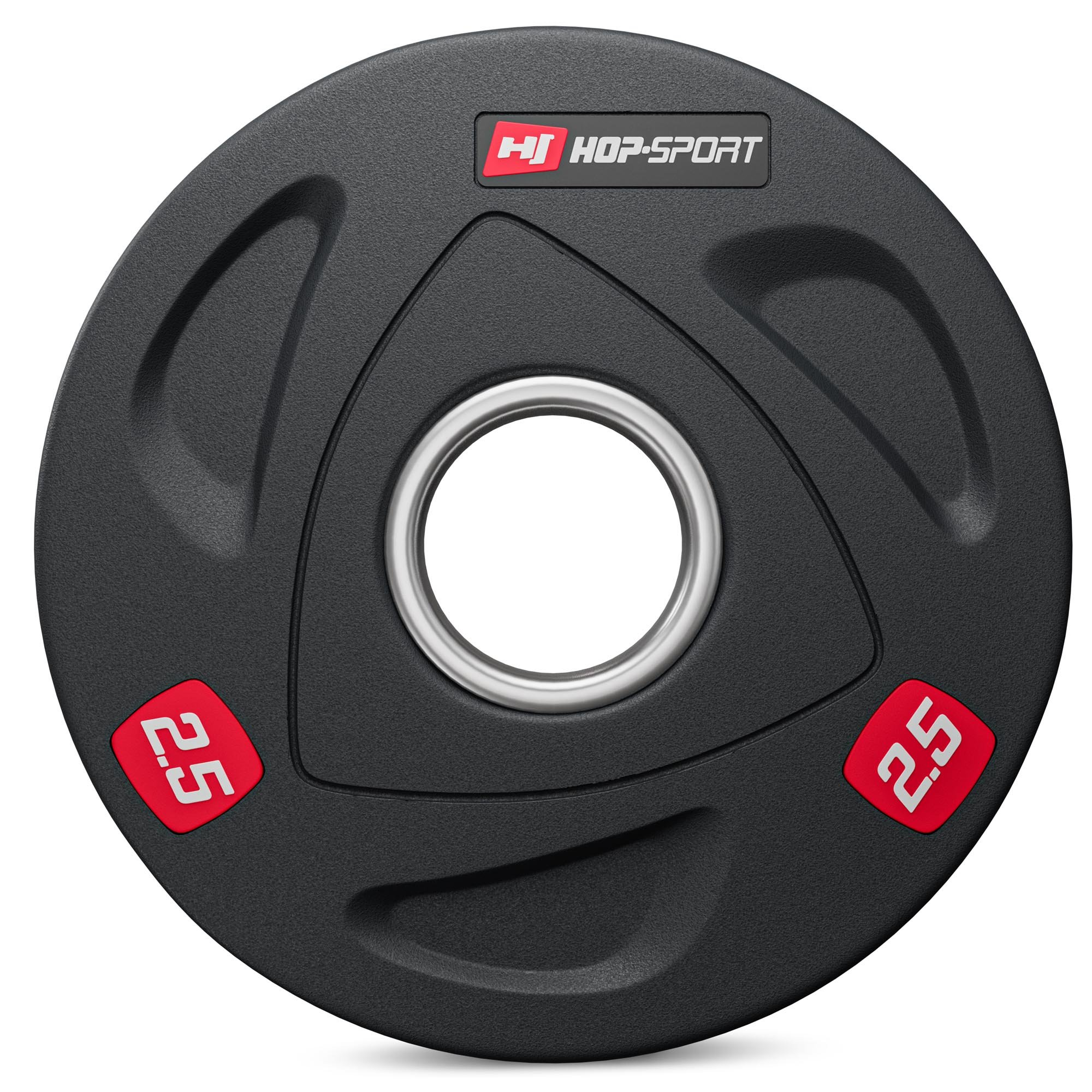 Schwarze Hop-Sport Hantelscheibe, 2.5 kg, mit drei Griffen und rotem Logo auf weißem Hintergrund.