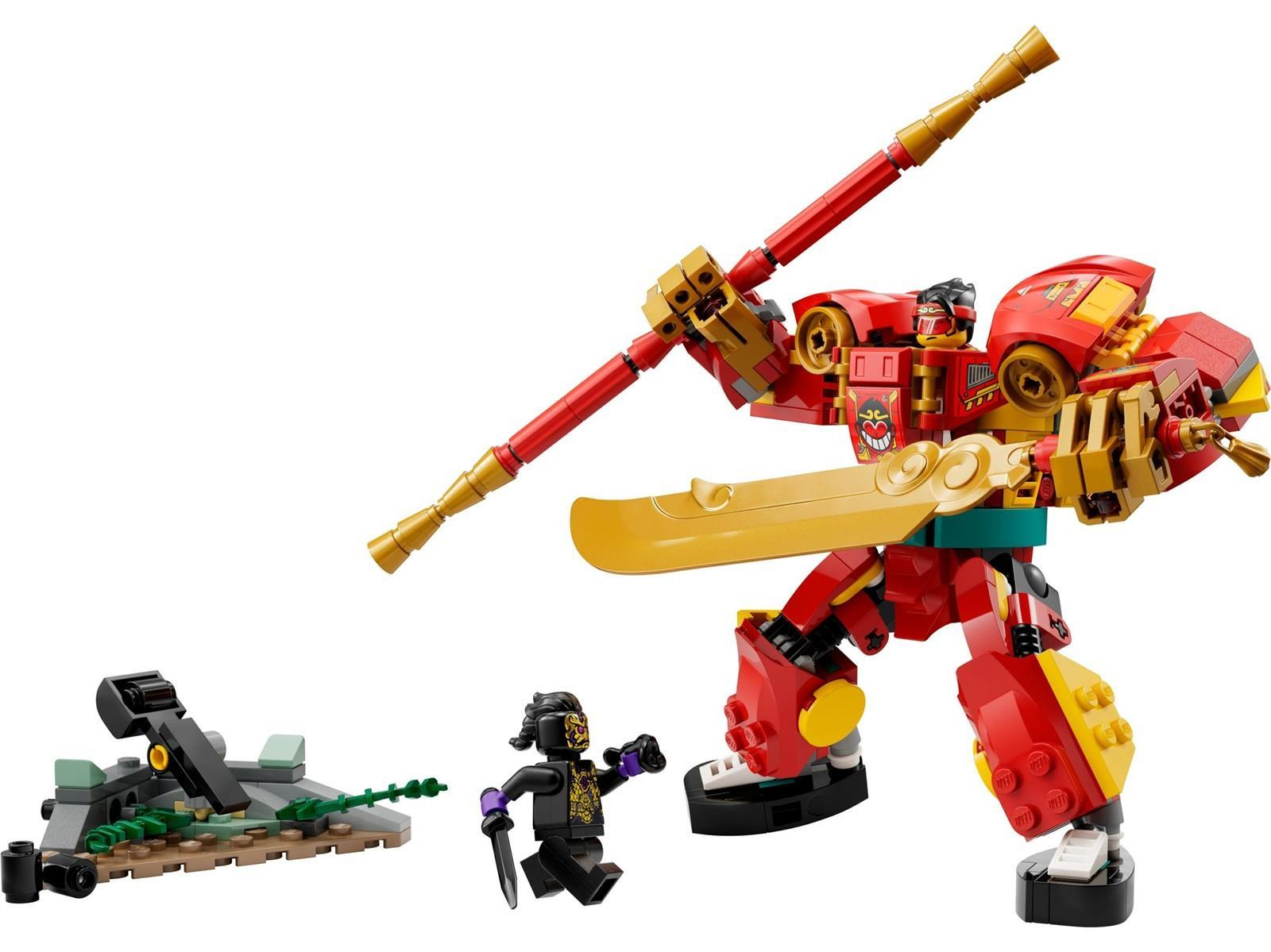 Ein roter Lego-Roboter mit Stab und Schwert bekämpft eine schwarze Minifigur in einer steinigen Landschaft.
