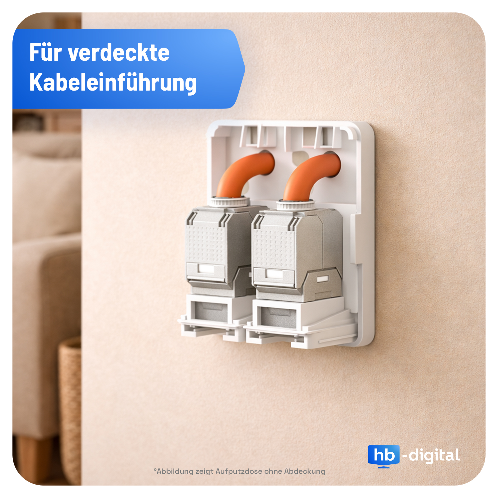 Wandmontierte weiße Kabeldose mit zwei grauen Steckverbindern und orangefarbenen Kabeln.