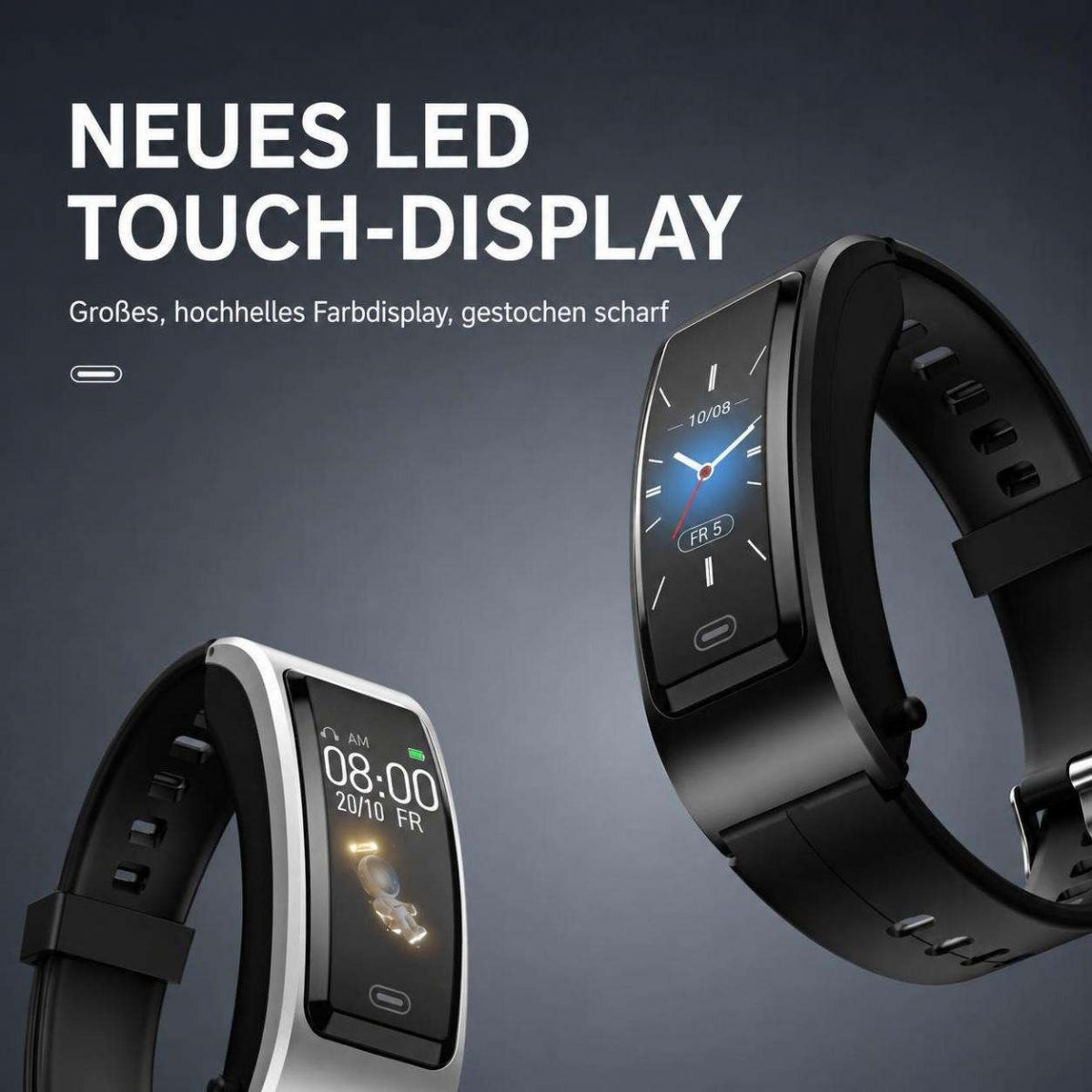 Zwei schwarze Fitnessarmbänder mit Farbdisplay und Text in deutscher Sprache auf dunklem Hintergrund.