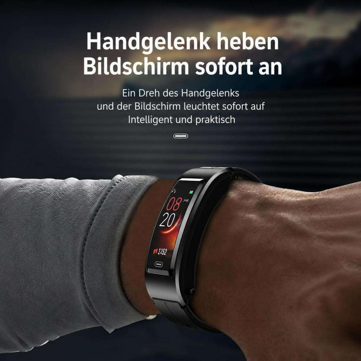 Ein Fitnessarmband leuchtet auf, wenn das Handgelenk gedreht wird, um die Uhrzeit und Schritte anzuzeigen.