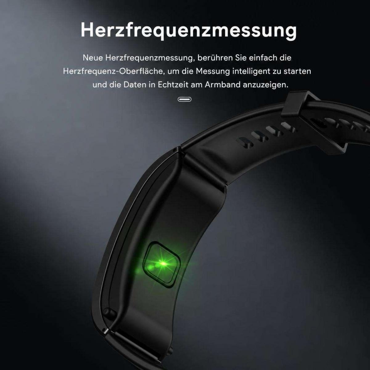 Schwarzes Fitnessarmband mit grünem Herzfrequenzsensor auf der Rückseite und erklärendem Text.
