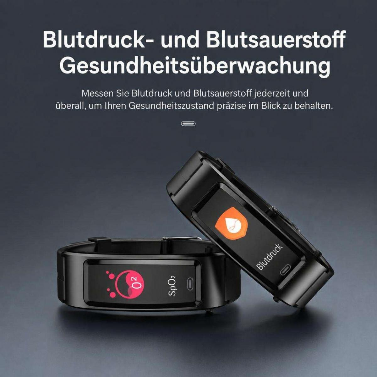 Zwei schwarze Fitness-Armbänder zeigen Blutsauerstoff- und Blutdruckmessungen auf ihren Displays.