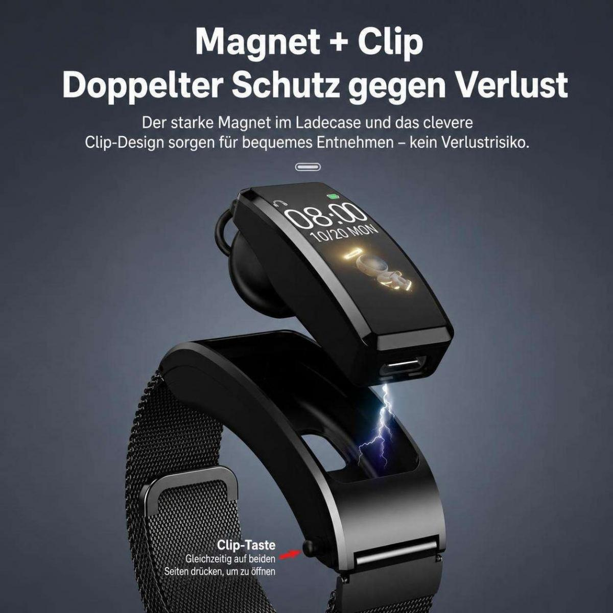 Eine schwarze Smartwatch hält einen kabellosen Ohrhörer und zeigt magnetische Befestigung.
