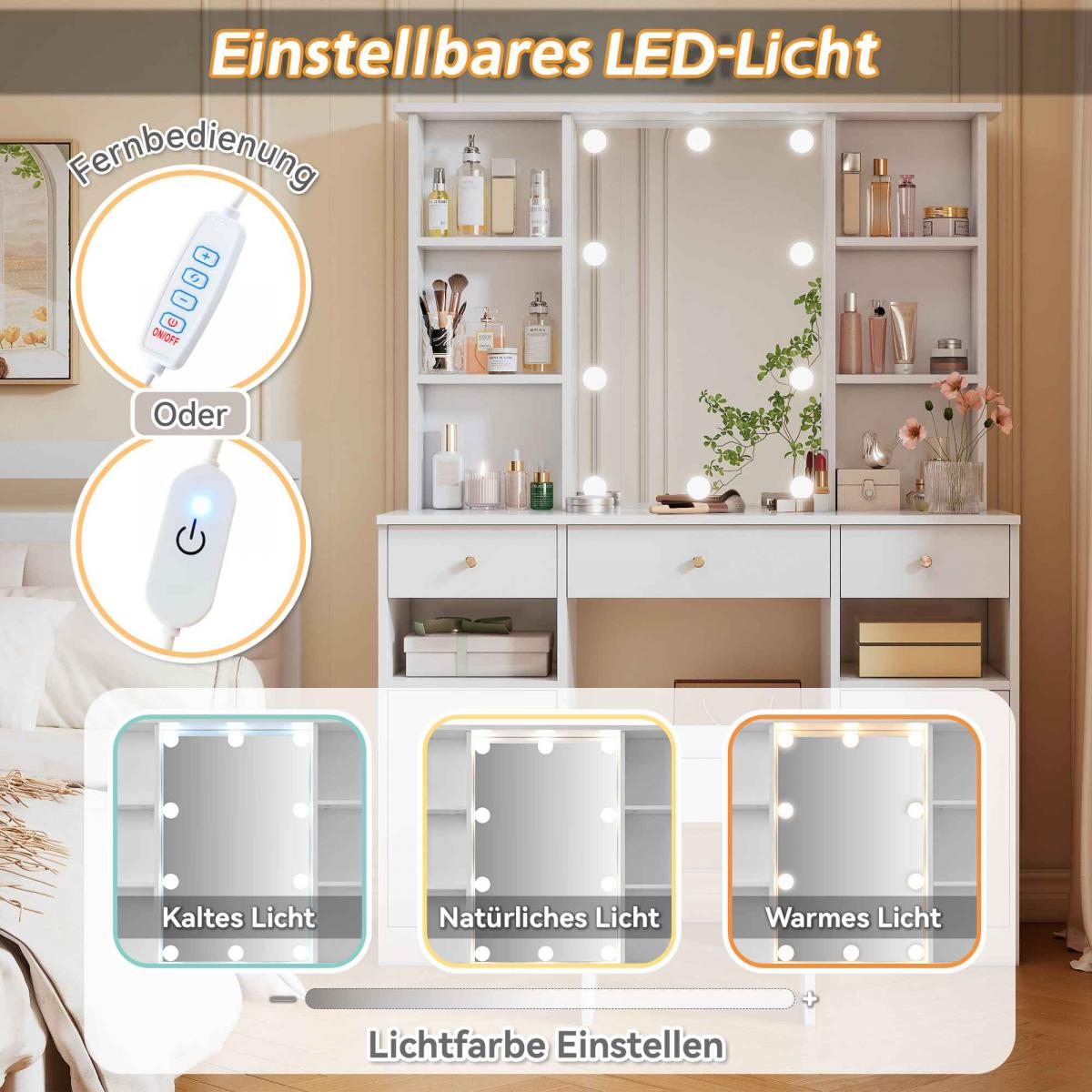 Weißer Schminktisch mit beleuchtetem Spiegel, Regalen und Fernbedienung für verschiedene Lichtfarben.