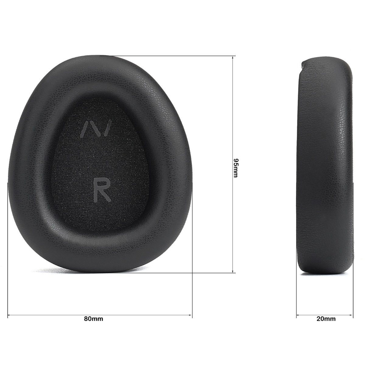 Vorder- und Seitenansicht eines schwarzen Ohrpolsters mit Maßlinien für 95 mm Höhe, 80 mm Breite und 20 mm Dicke.
