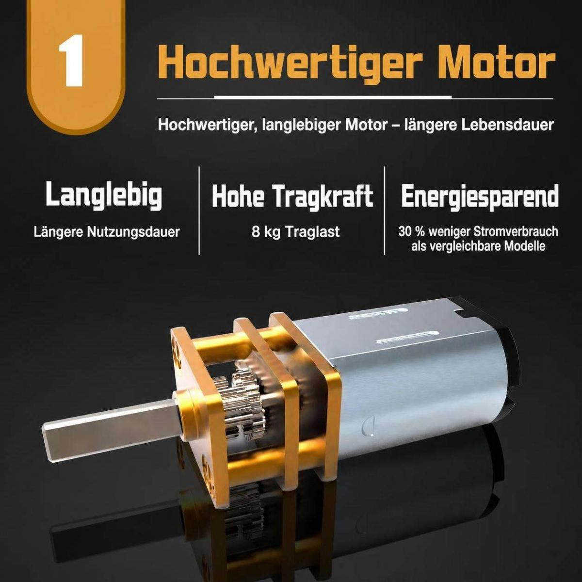 Ein silberner Elektromotor mit goldfarbenem Getriebegehäuse und deutscher Produktbeschreibung auf schwarzem Hintergrund.