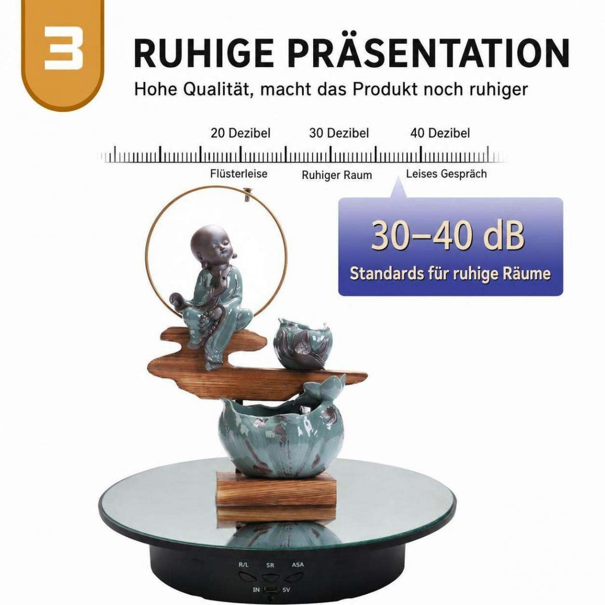 Ein Buddha-Keramikbrunnen auf einem Drehteller mit einer Geräuschpegelskala von 30 bis 40 Dezibel.