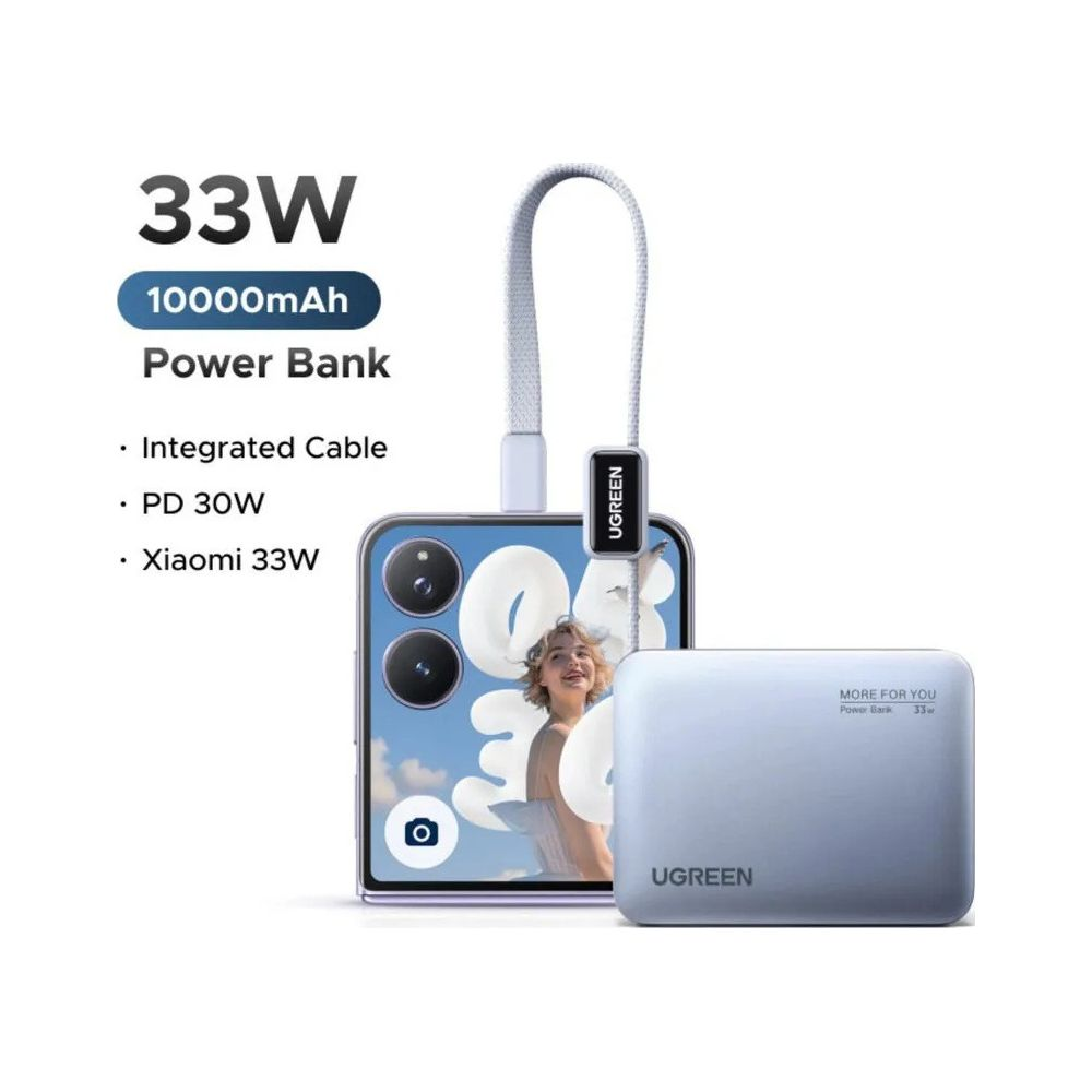 Powerbank Ugreen 33W 10000mAh ze zintegrowanym kablem ładujący smartfon.
