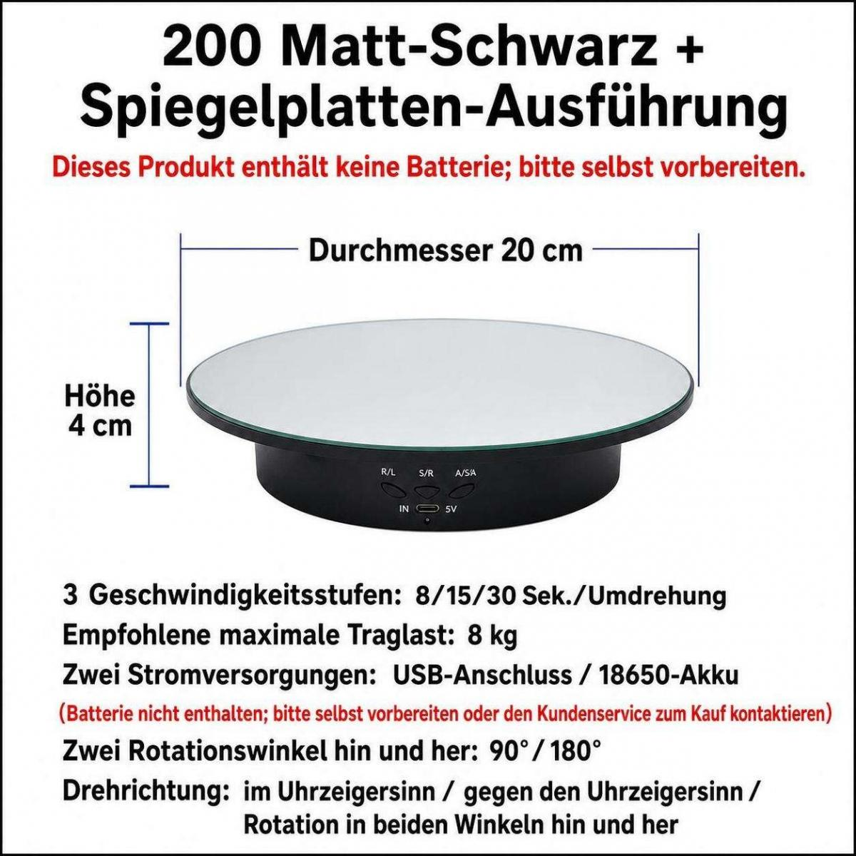 Technische Daten eines runden schwarzen Produktdisplays mit Spiegeloberfläche, 20 cm Durchmesser und 4 cm Höhe.