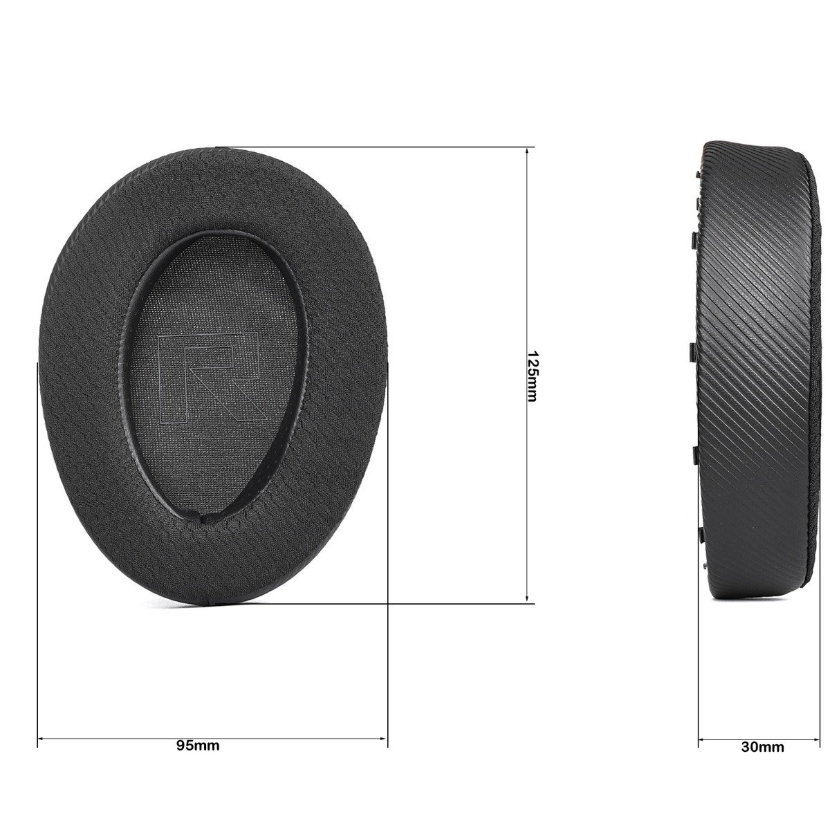 Schwarzes ovale Kopfhörer-Ohrpolster mit Maßen von 125mm, 95mm und 30mm.