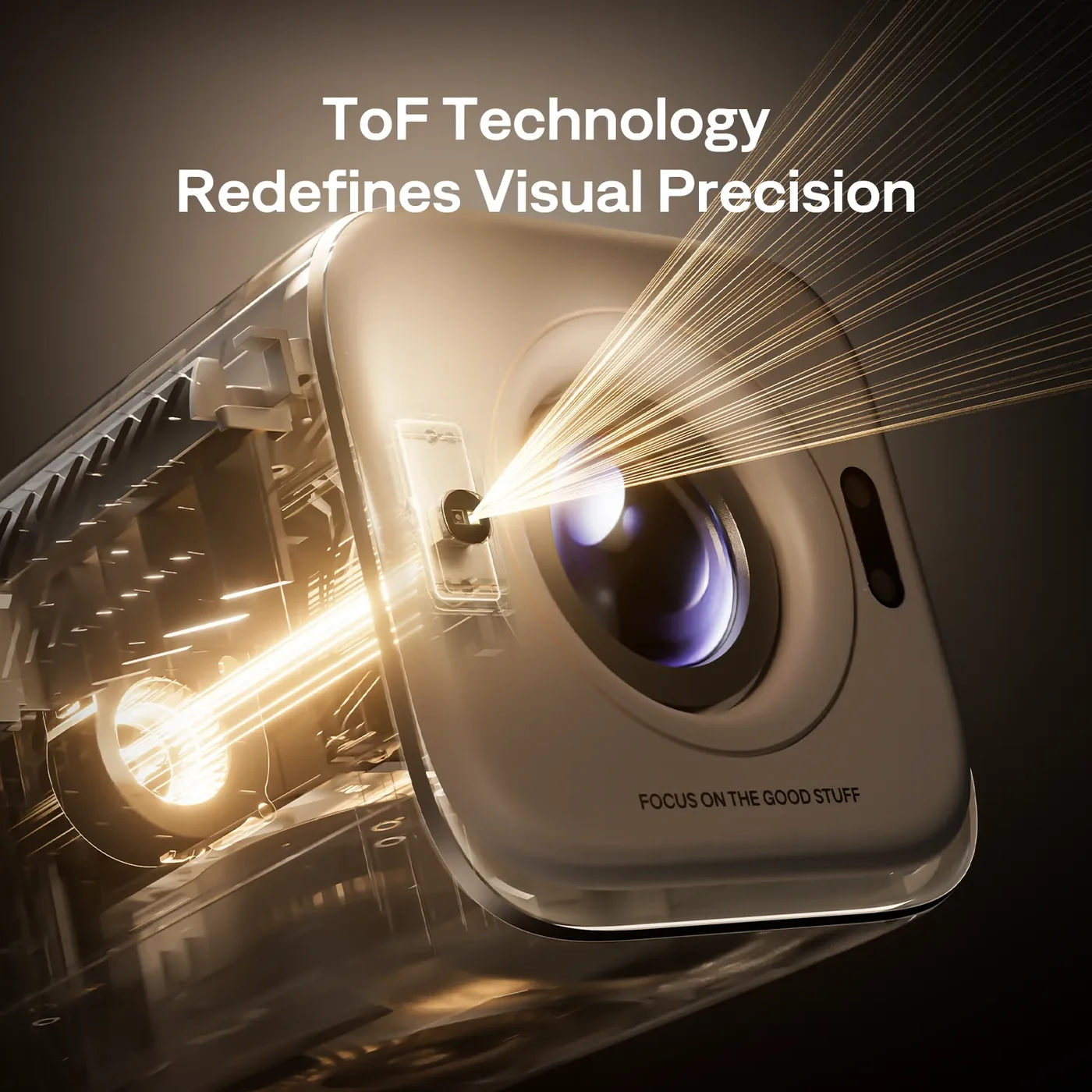 Işık ışınları yansıtan bir projektörün teknik yakın çekimi, ToF Technology Redefines Visual Precision metniyle birlikte.